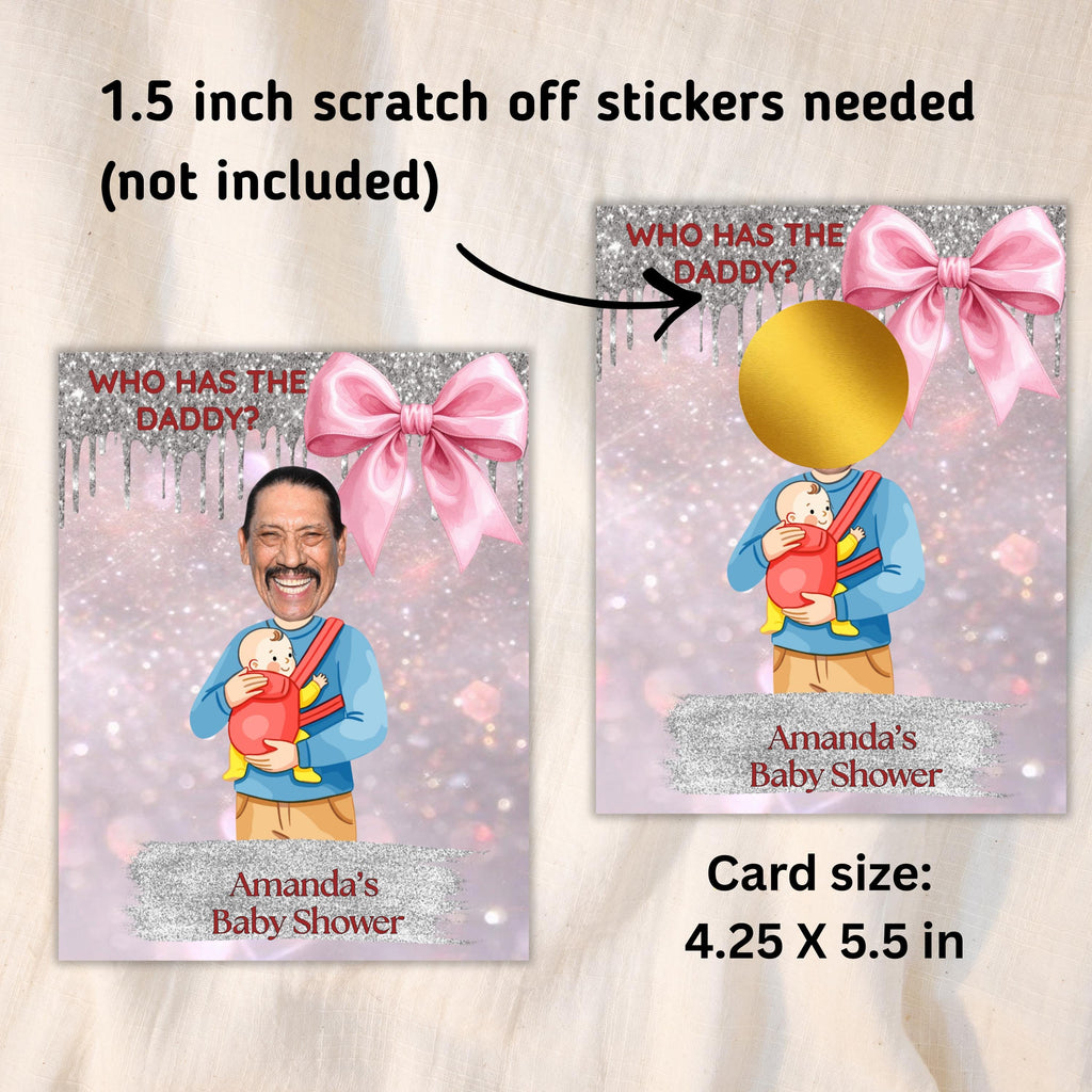 Digital Baby Shower Game, Who Has The Daddy, Coquette Pink and Silver Theme Scratch-Off Cards