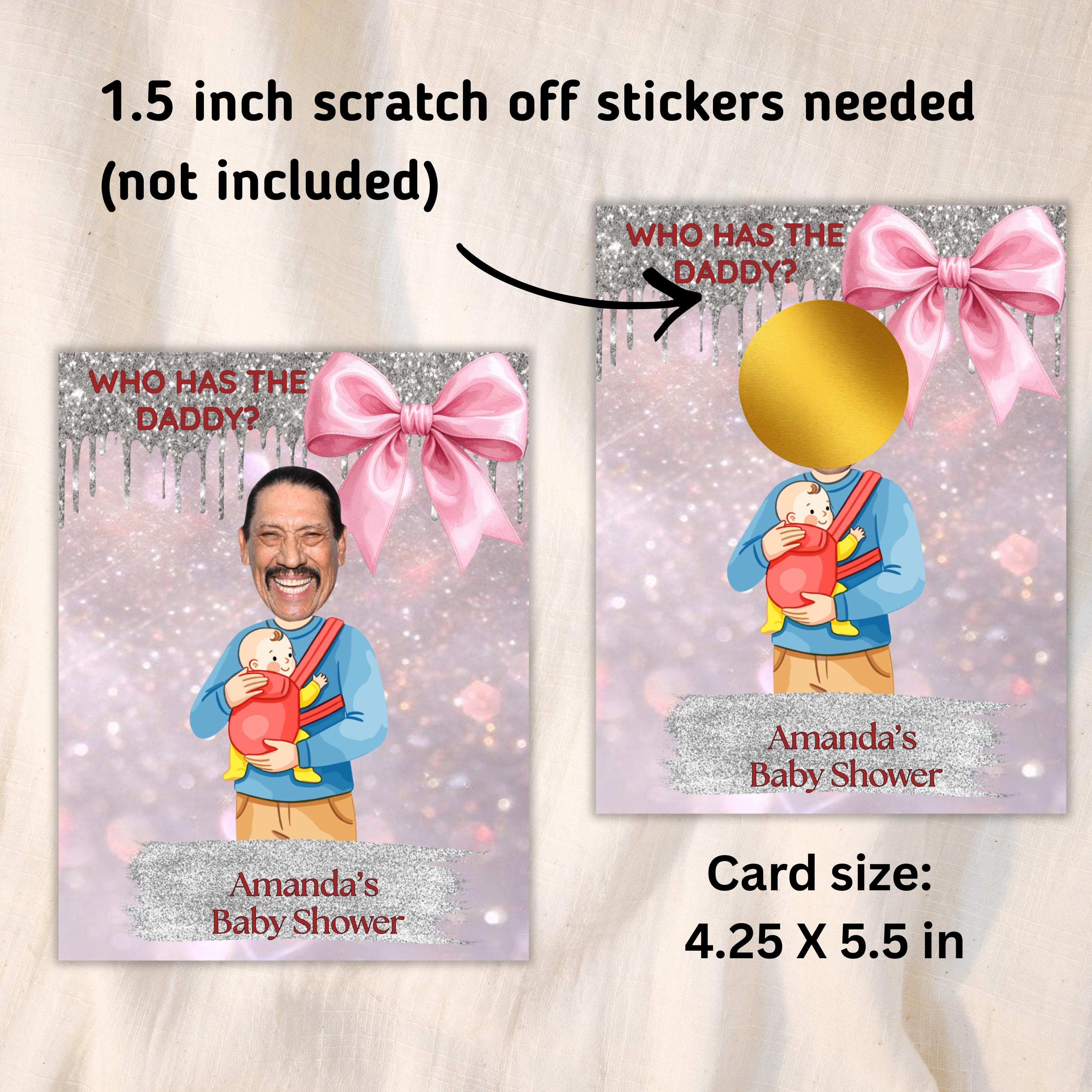 Digital Baby Shower Game, Who Has The Daddy, Coquette Pink and Silver Theme Scratch-Off Cards