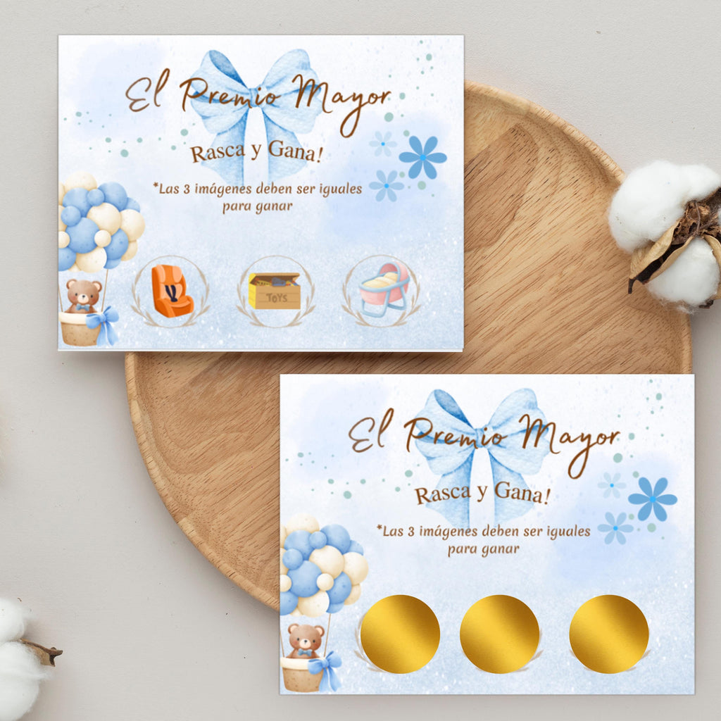 Spanish Baby Shower Jackpot, El Premio Mayor Scratch-Off Cards, Blue Baby Boy Party Game