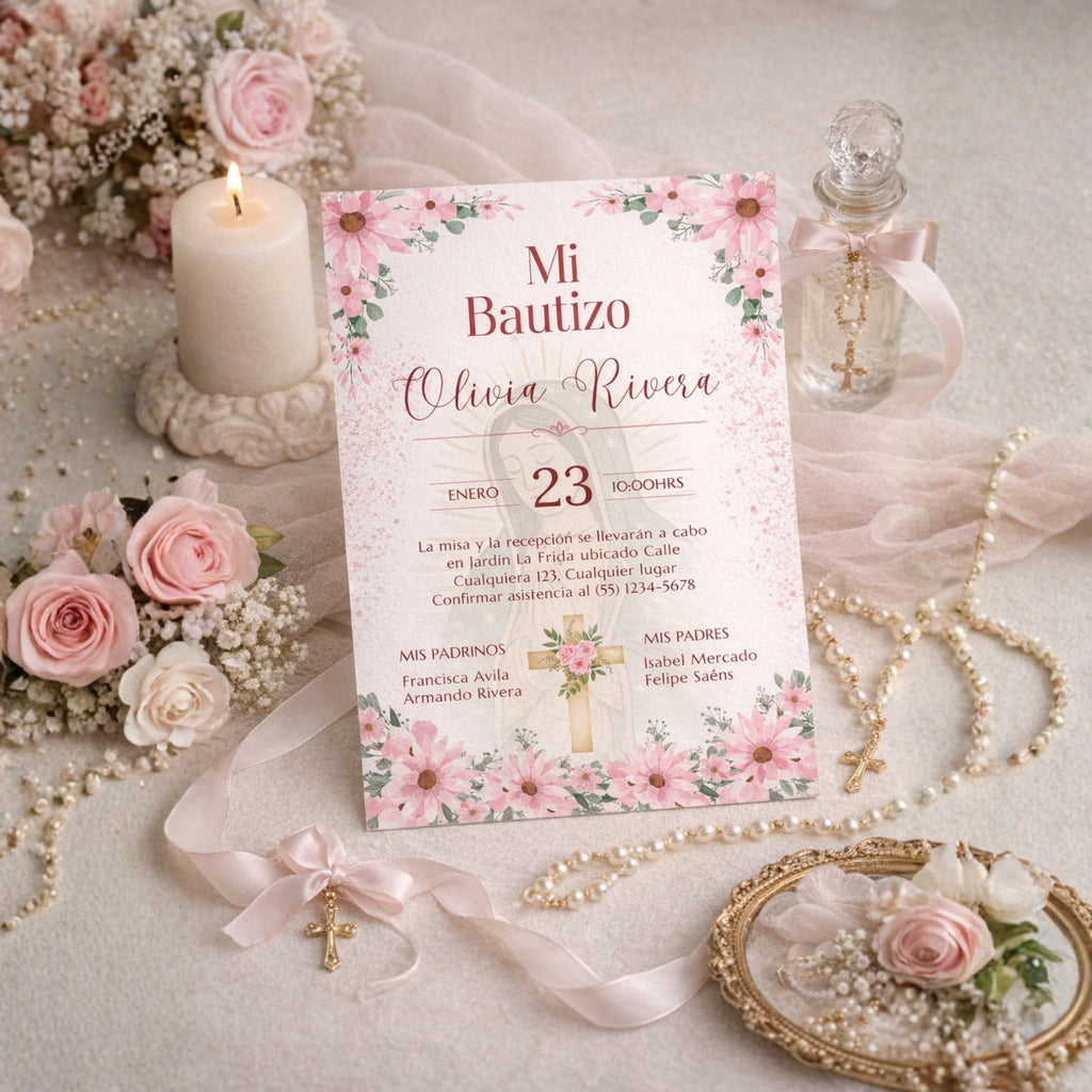 Editable Spanish Baptism Invitation Template, Mi Bautizo Pink Floral Invite, Virgen de Guadalupe