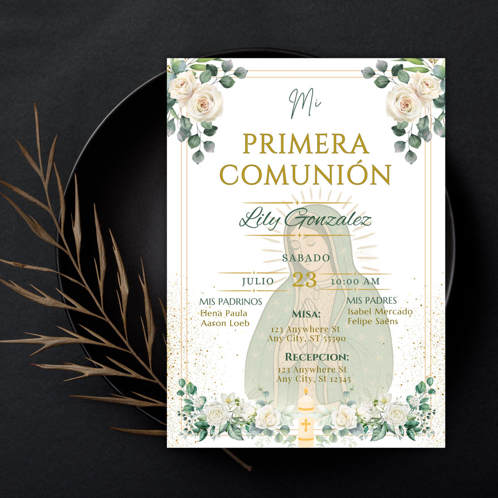 La Virgen De Guadalupe First Communion Invitation: Green & Gold Floral design Invite