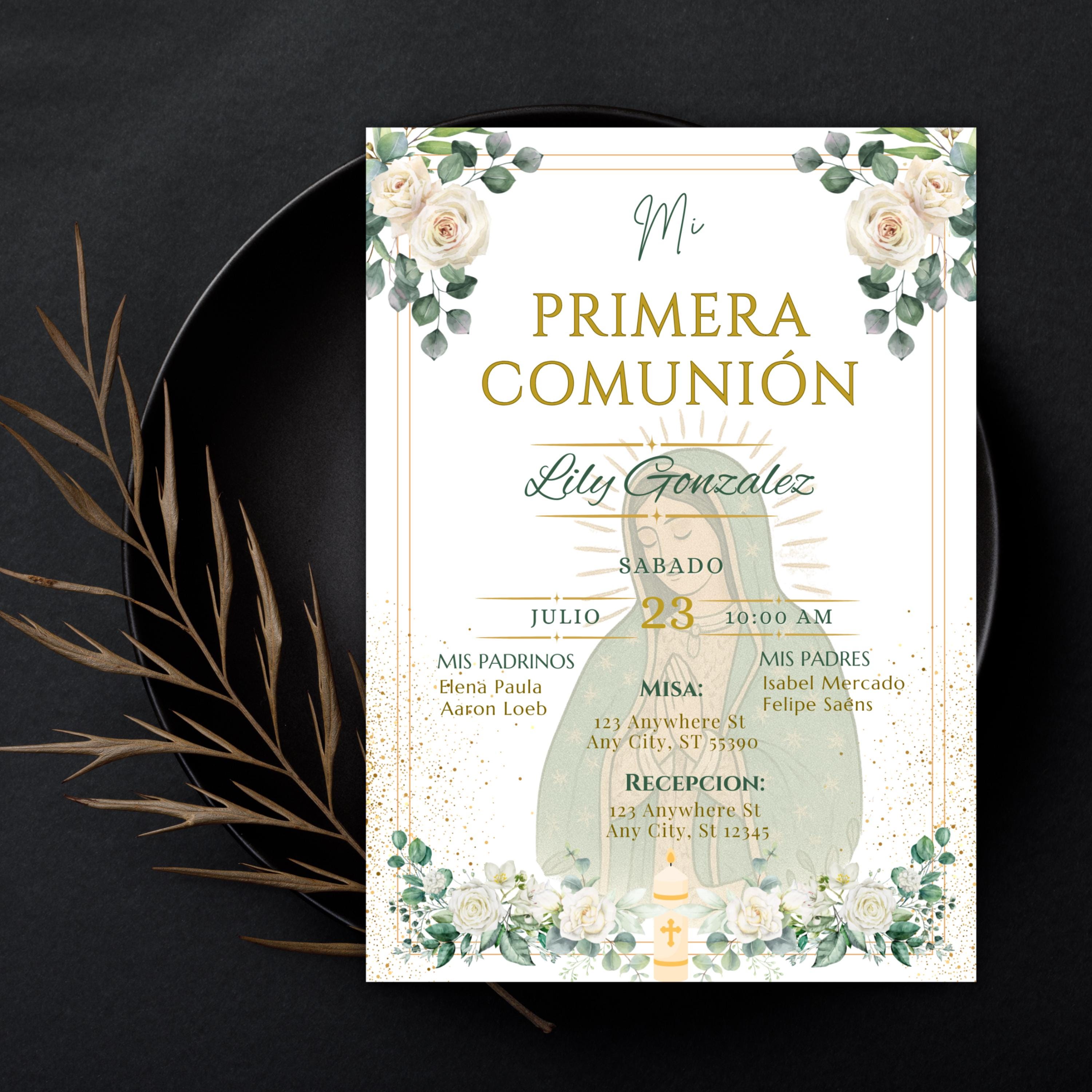 La Virgen De Guadalupe First Communion Invitation: Green & Gold Floral design Invite
