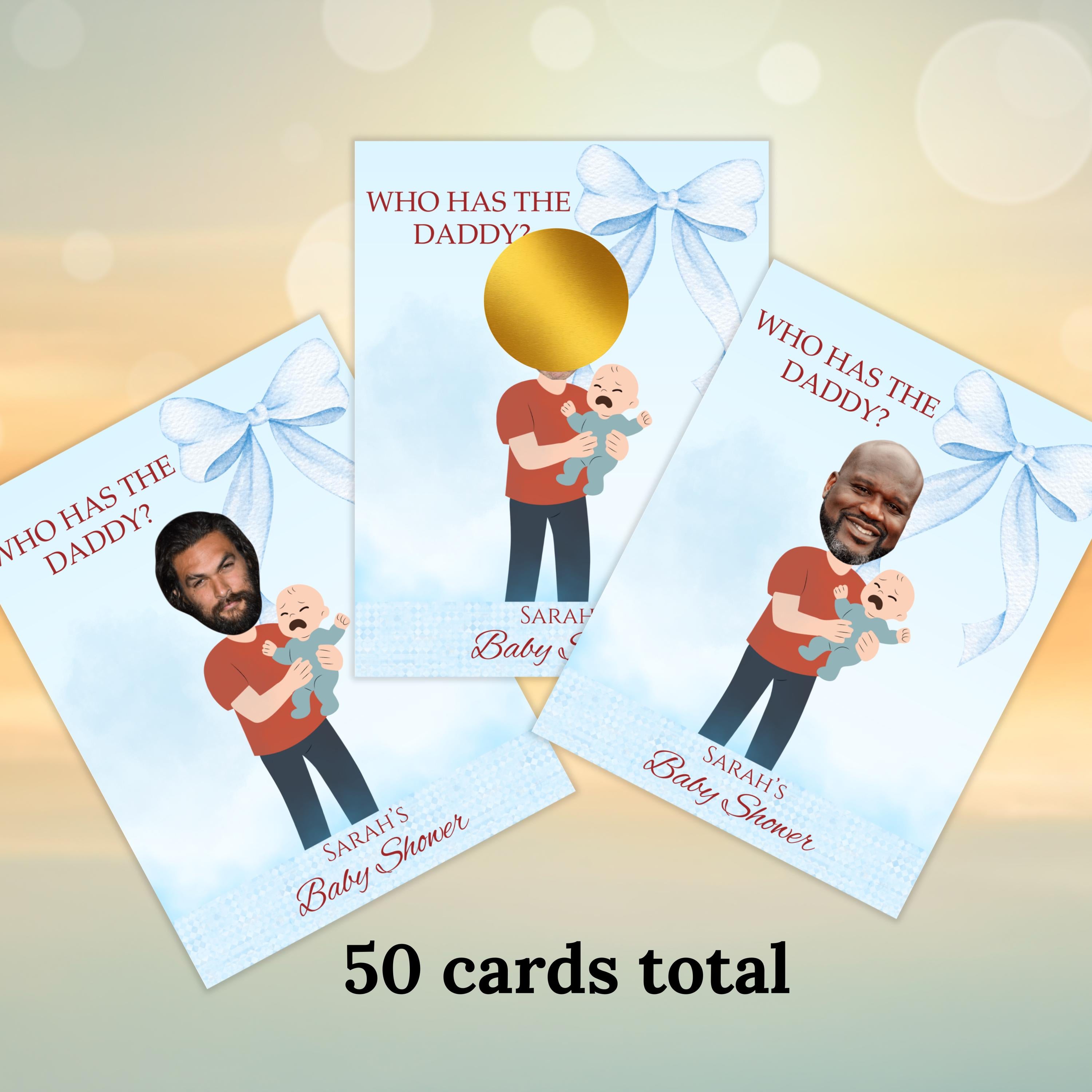 Baby Shower Game, Who Has the Dad Scratch-off Blue Cards, Editable Find Daddy Game