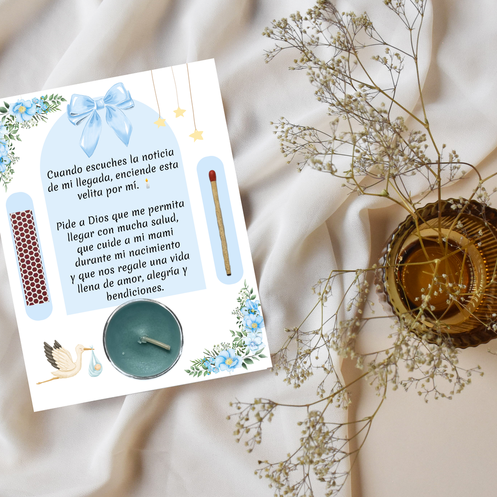 Blue Baby Shower Prayer Candle Favor | Spanish Baby Boy Party Favor