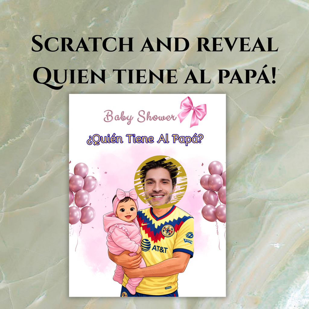 Quien Tiene Al Papá Baby Shower Game Featuring El America Soccer Jersey, Pink Who Has The Dad Scratch off Cards For Baby Girl Shower