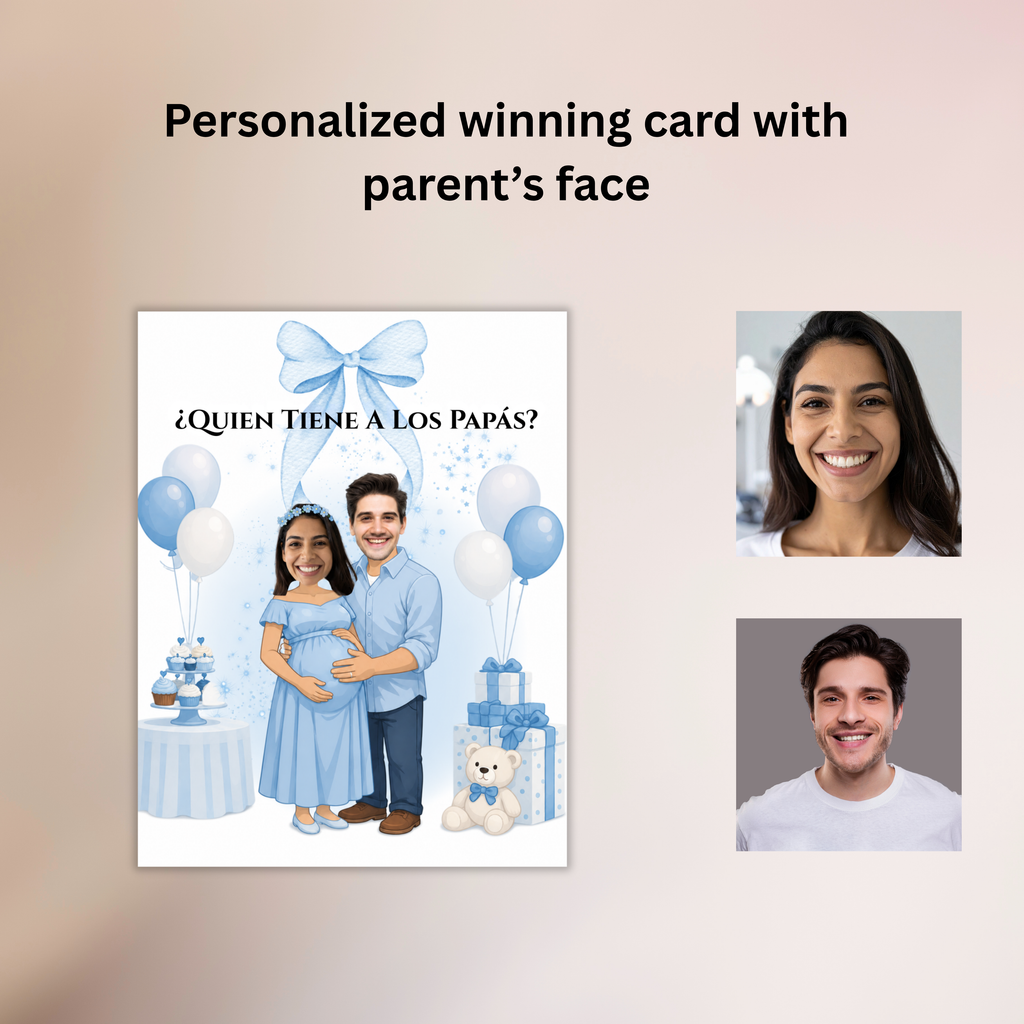 Quien Tiene A Los Papás? Spanish Baby Shower Game, Blue Scratch Cards For Baby Boy Game, Find The Parents Game