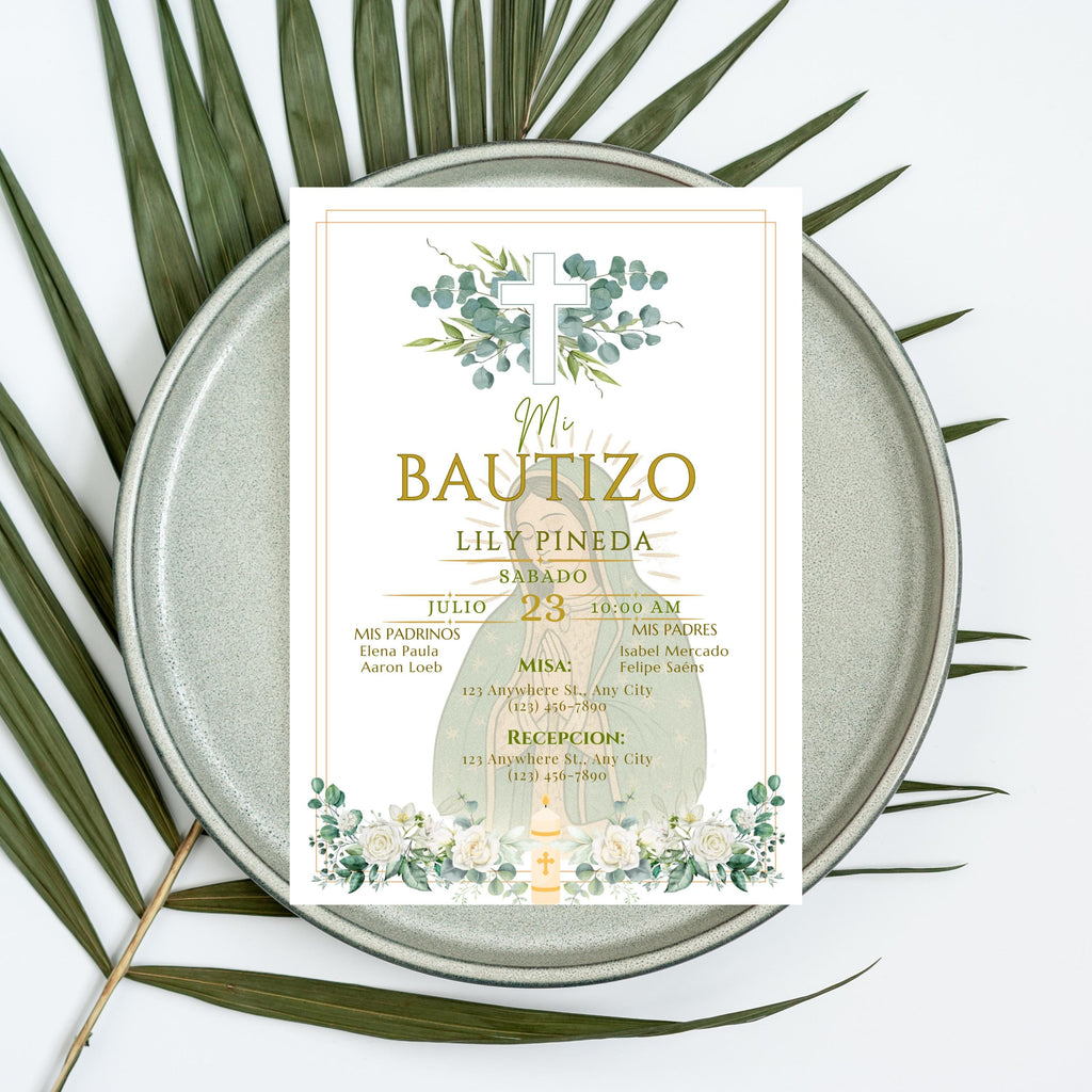 Virgin of Guadalupe Baptism Invitation, Floral Spanish Bautismo (PDF File)