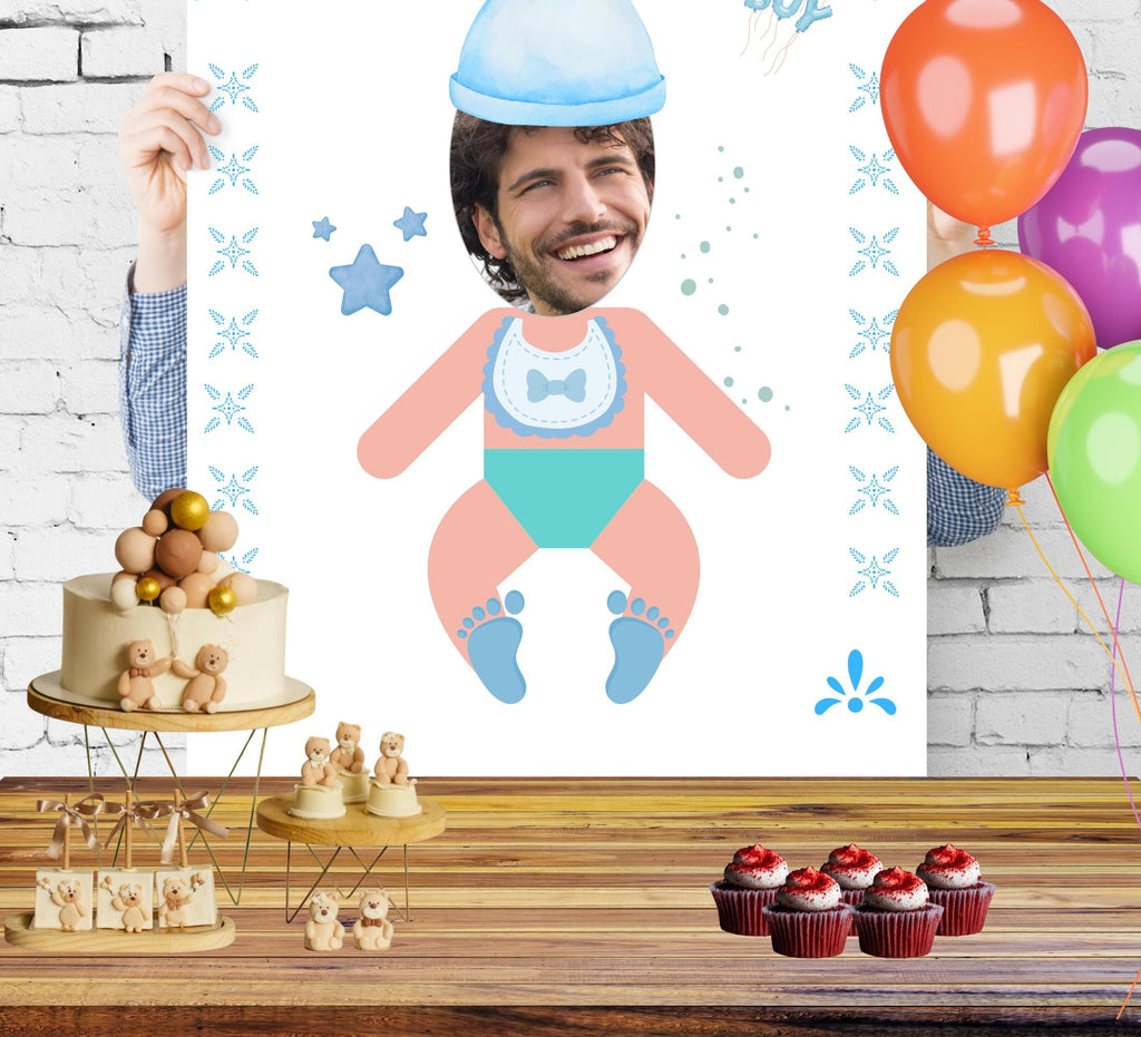 Funny Baby Shower Game: Feed the Baby Poster, Blue Theme (Digital Download) Face Cut Out