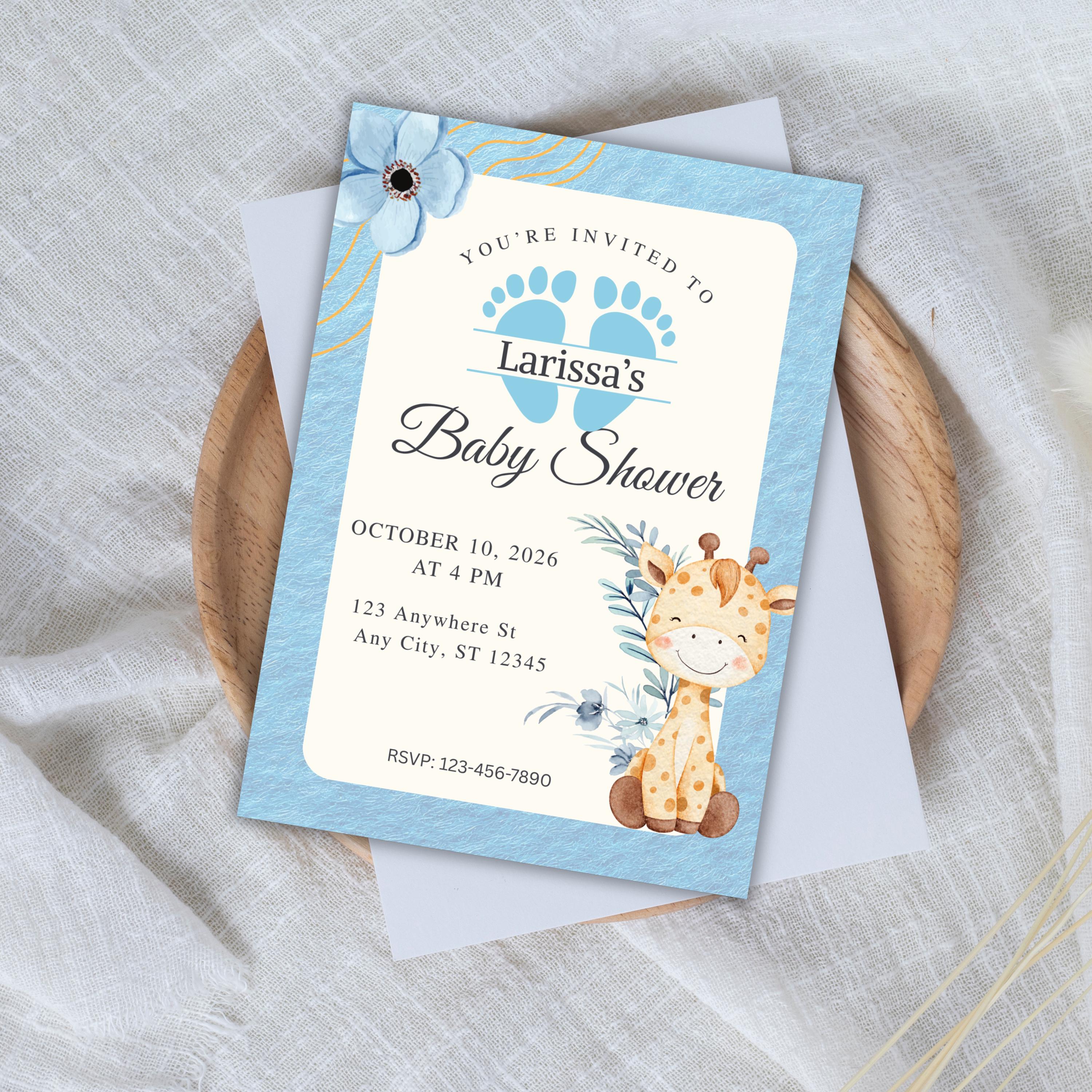 Editable Baby Shower Invitation, Blue Floral Boy Invite, Canva Personalized Template, Digital Download