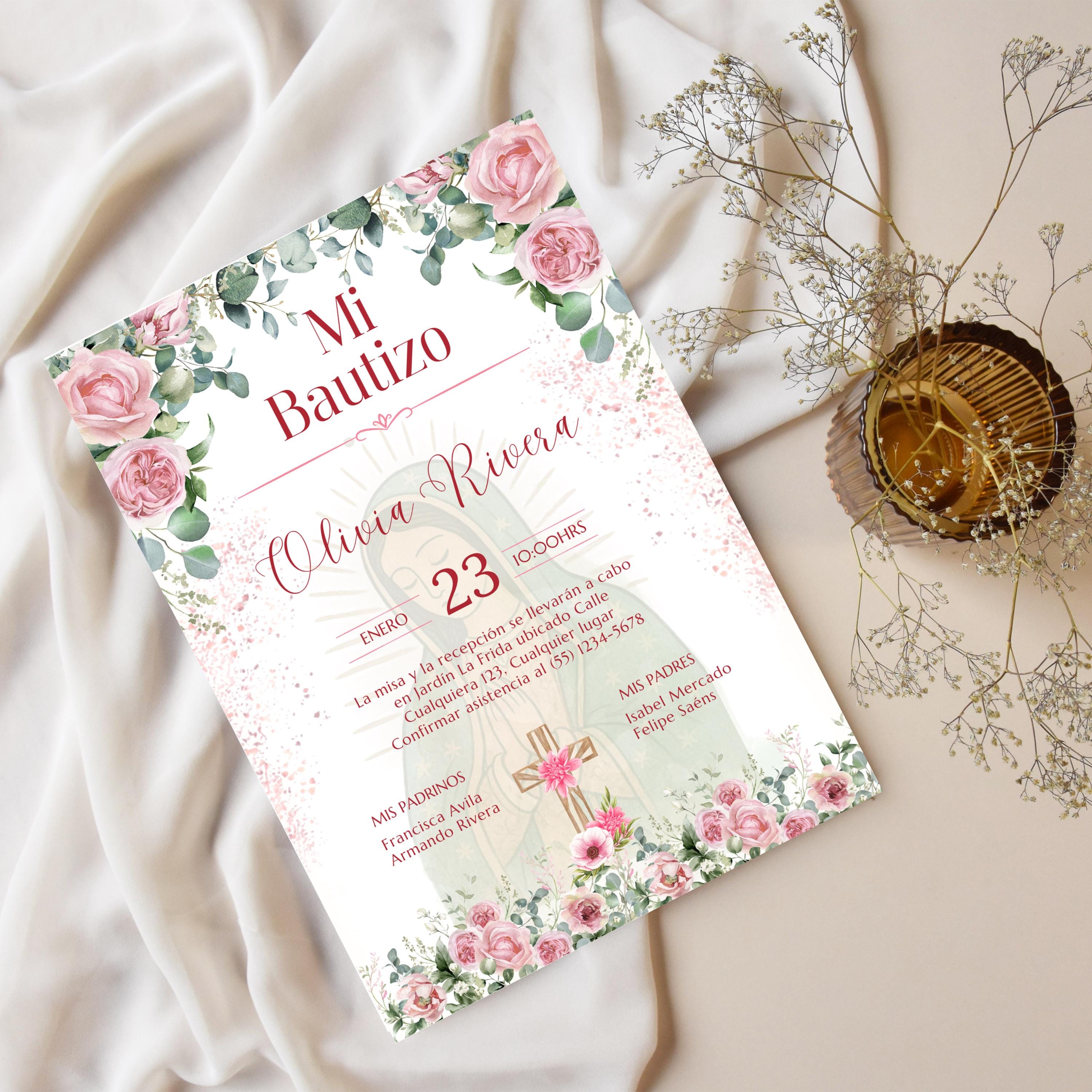 Pink Floral Spanish Baptism Invitation, Editable Elegant Christening Template, Pink Roses Invite For Girl
