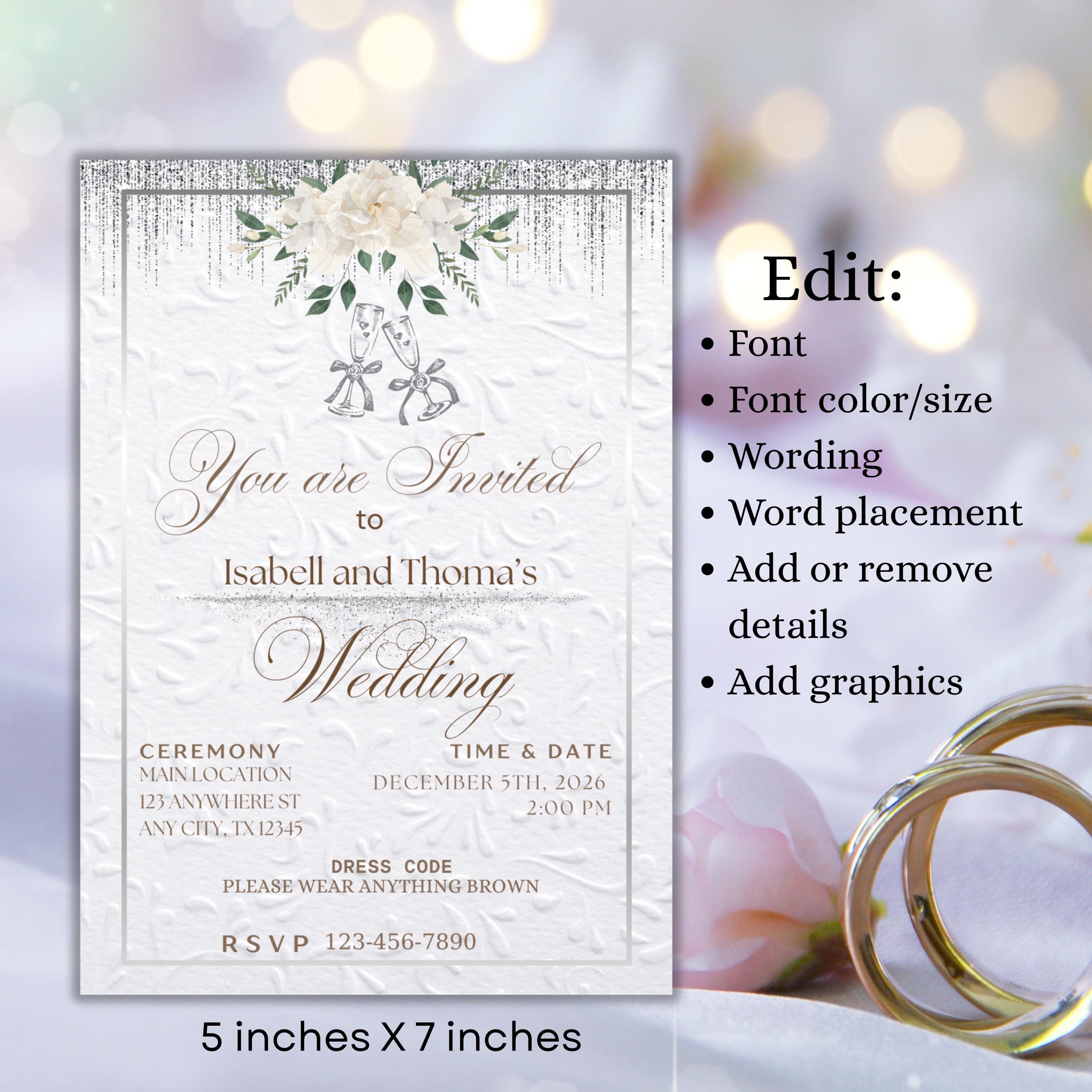 White and Silver Elegant Wedding Invitation, Digital Canva Template For Minimalistic Wedding Invite