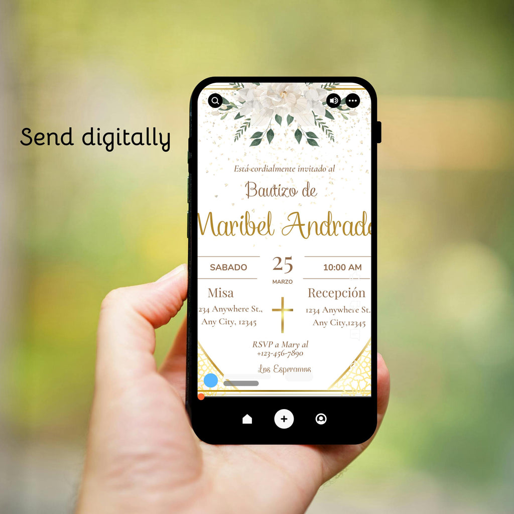Spanish Gold Baptism Invitation Template, Elegant 5x7 Digital Invite, Printable Christening Invitation