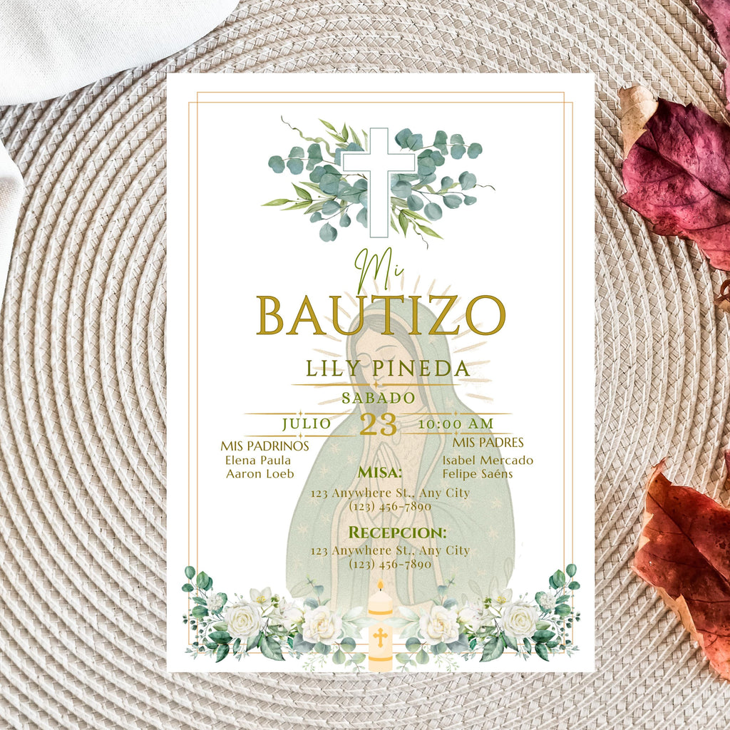 Virgin of Guadalupe Baptism Invitation, Floral Spanish Bautismo (PDF File)