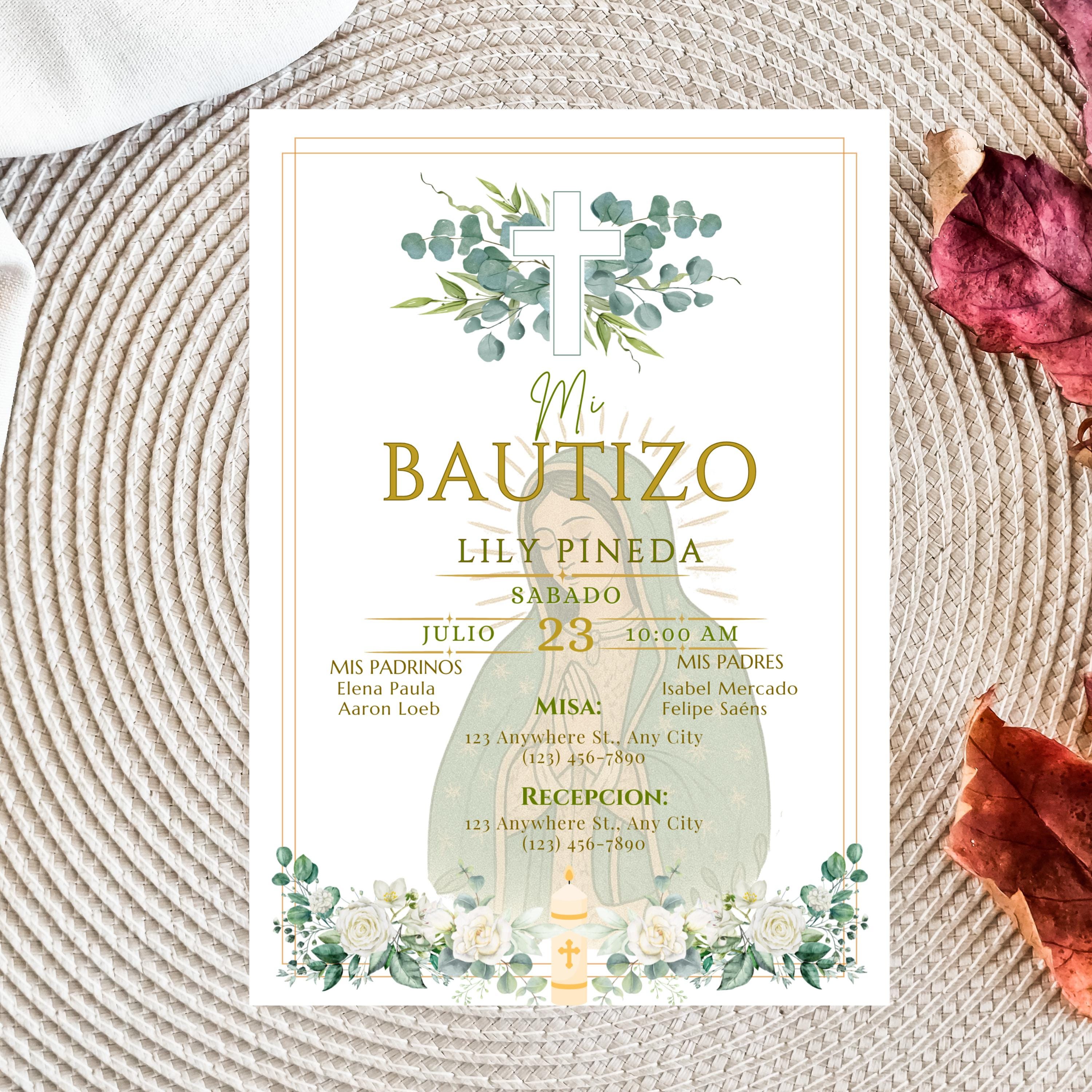Virgin of Guadalupe Baptism Invitation, Floral Spanish Bautismo (PDF File)