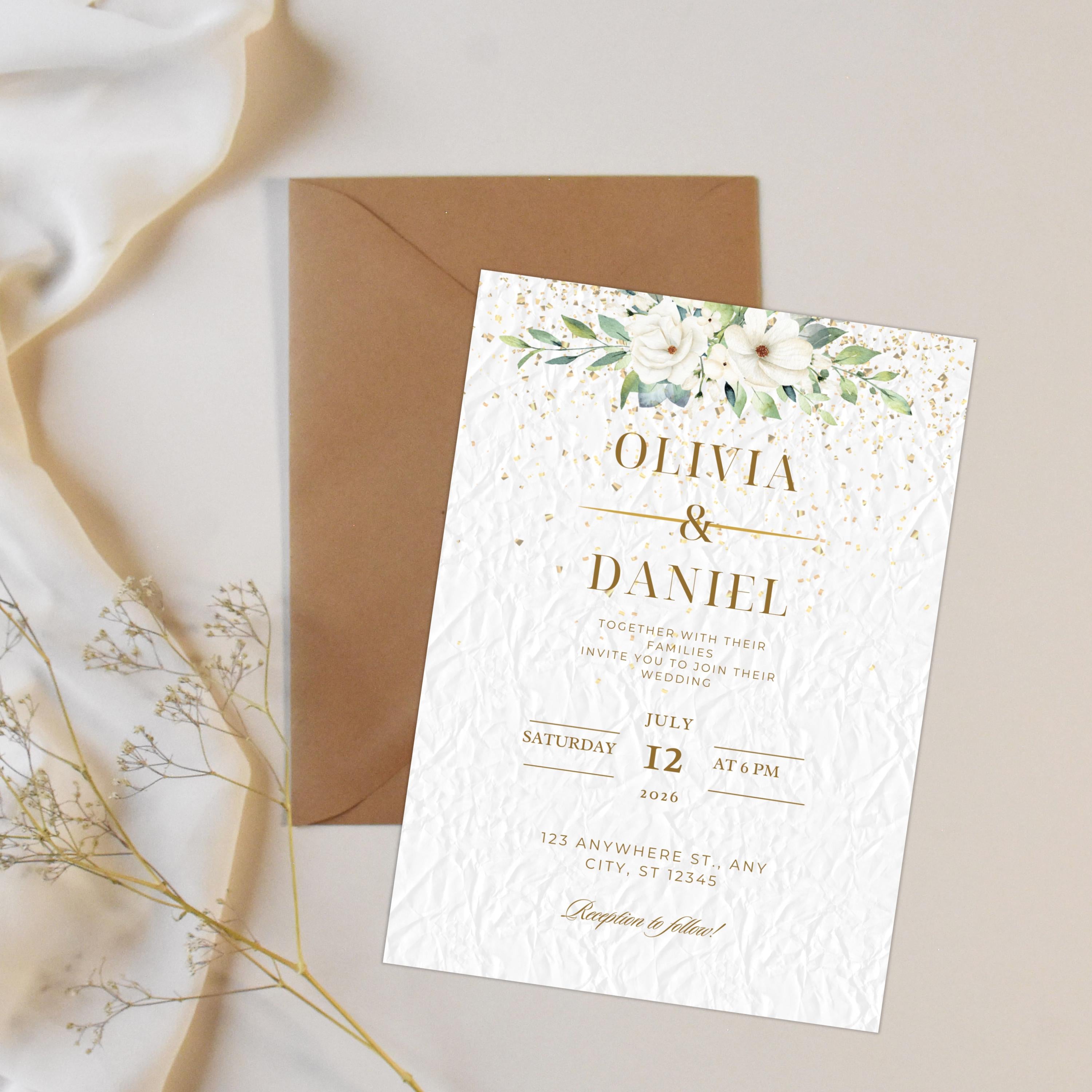Boho Wedding Invitation Bundle Template, Gold and White Elegant  Minimalistic Invite, RSVP, Save The Date