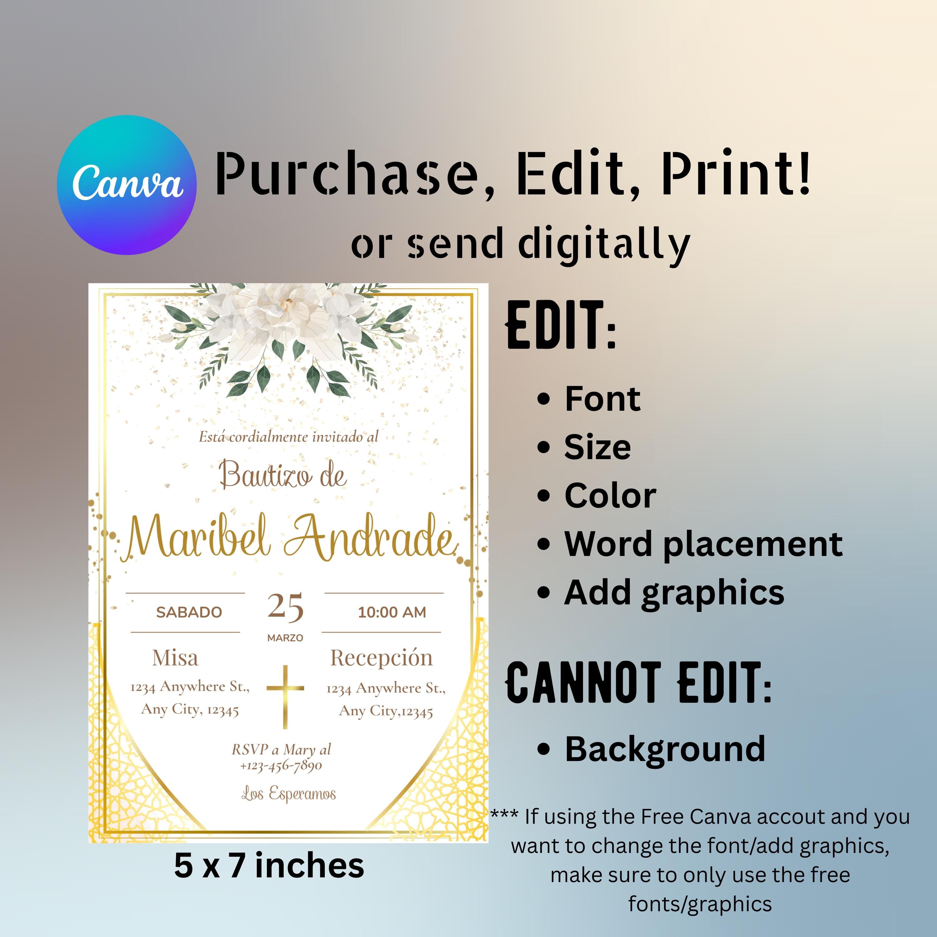 Baptism Gold Spanish Invitation Template, Elegant Mi Bautizo 5x7 Digital Invite, Printable Christening Invitation