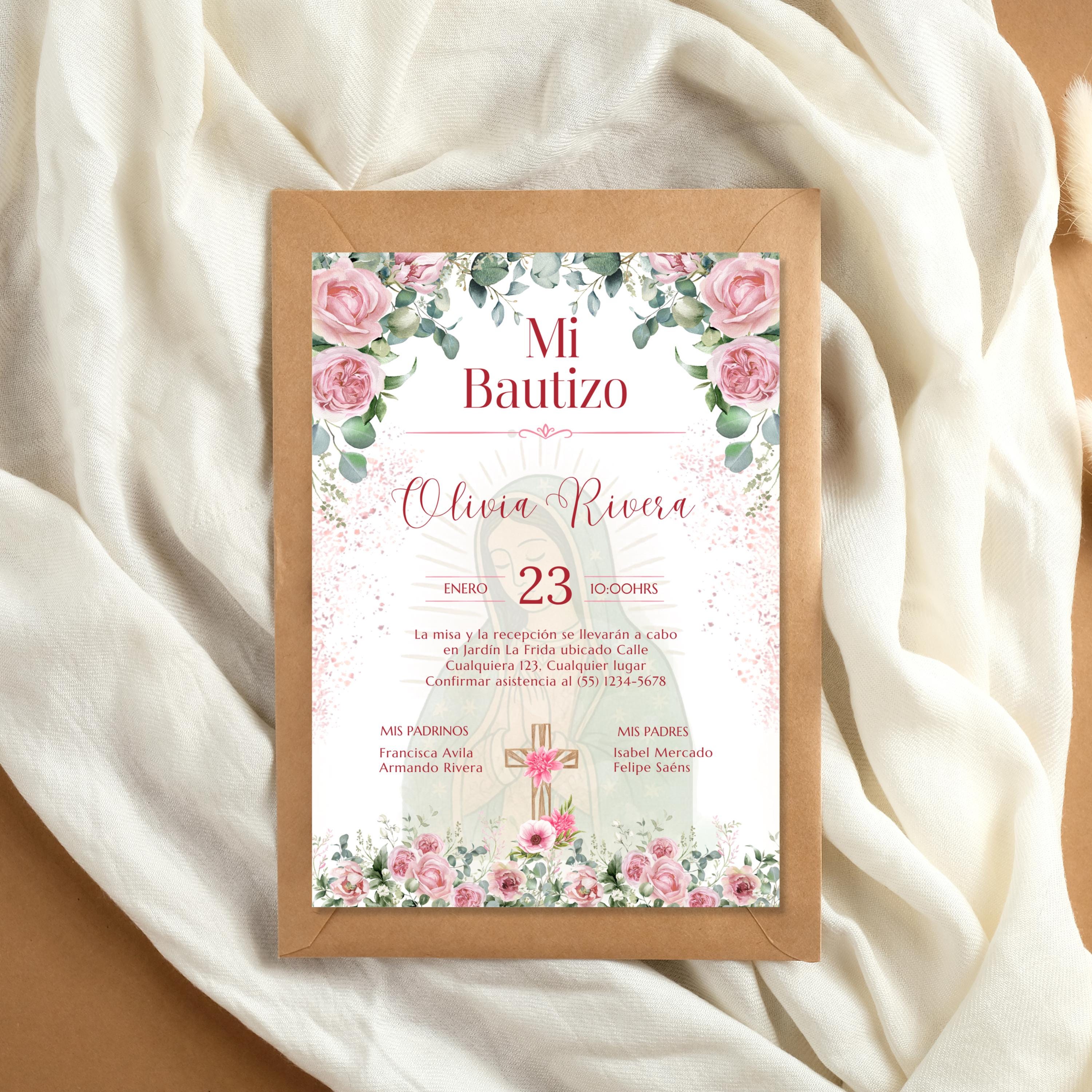 Pink Floral Spanish Baptism Invitation, Editable Elegant Christening Template, Pink Roses Invite For Girl