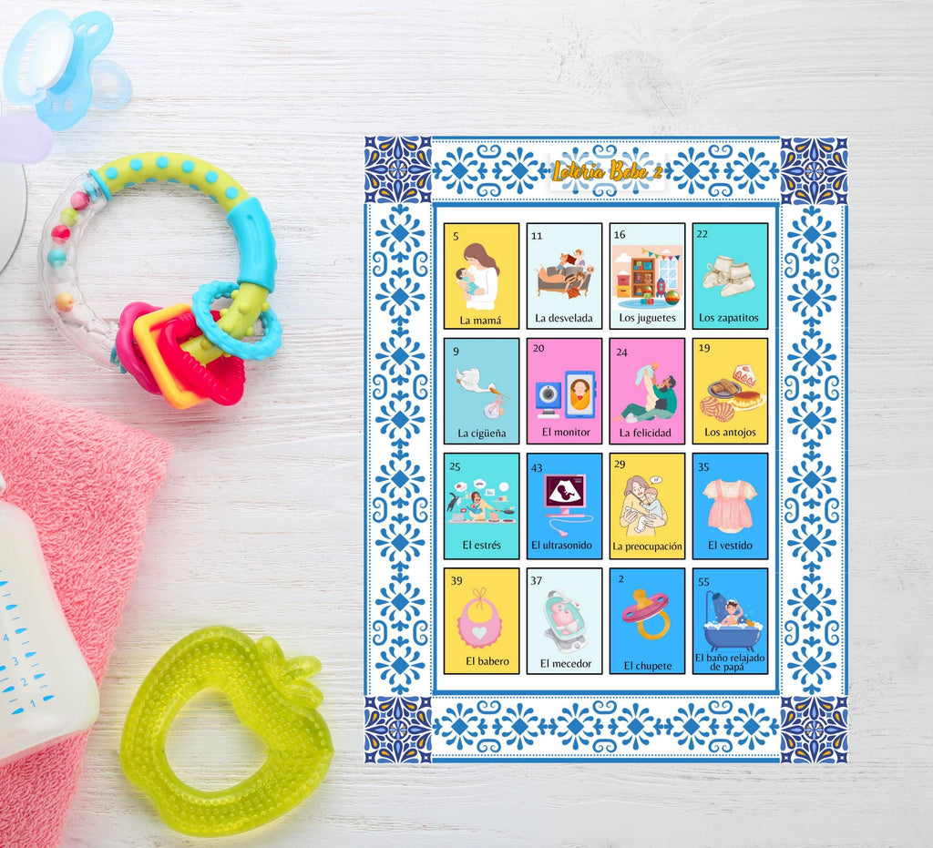 Talavera Baby Shower Loteria Game: Mexican Theme, Blue Design (PDF Downloadable Cards and Boards)