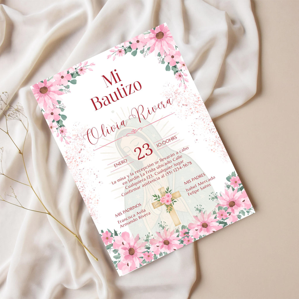 Editable Spanish Baptism Invitation Template, Mi Bautizo Pink Floral Invite, Virgen de Guadalupe