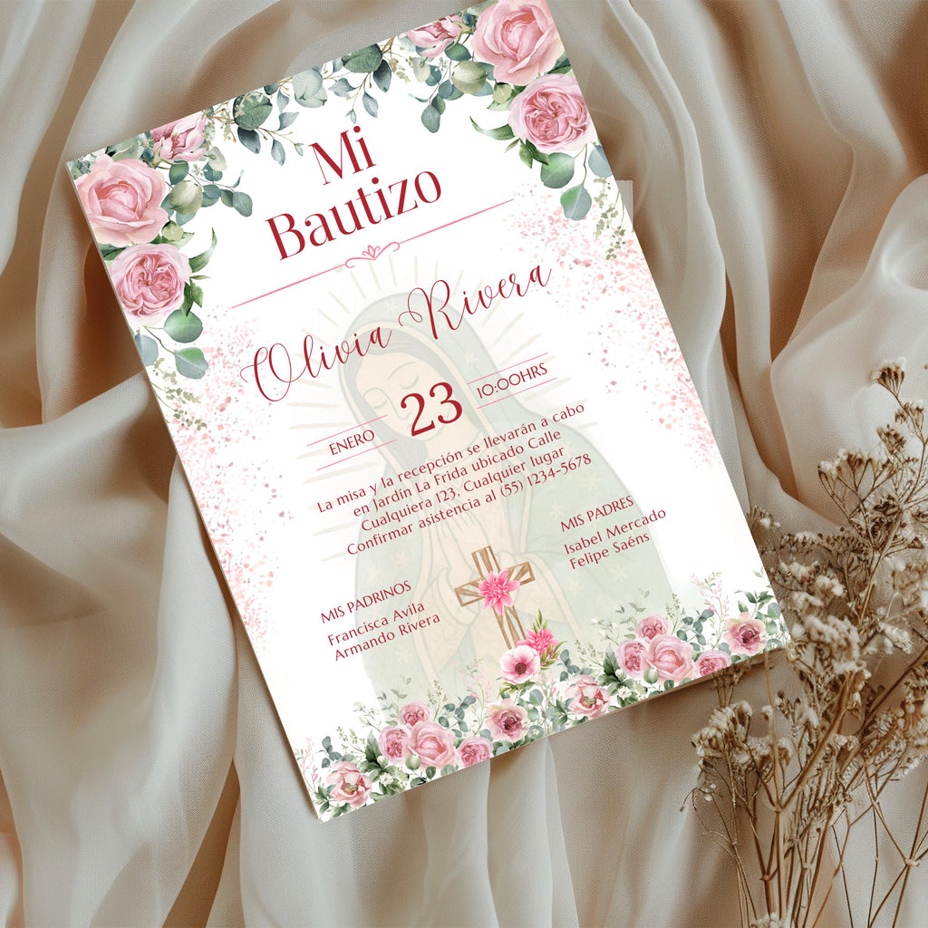Pink Floral Spanish Baptism Invitation, Editable Elegant Christening Template, Pink Roses Invite For Girl