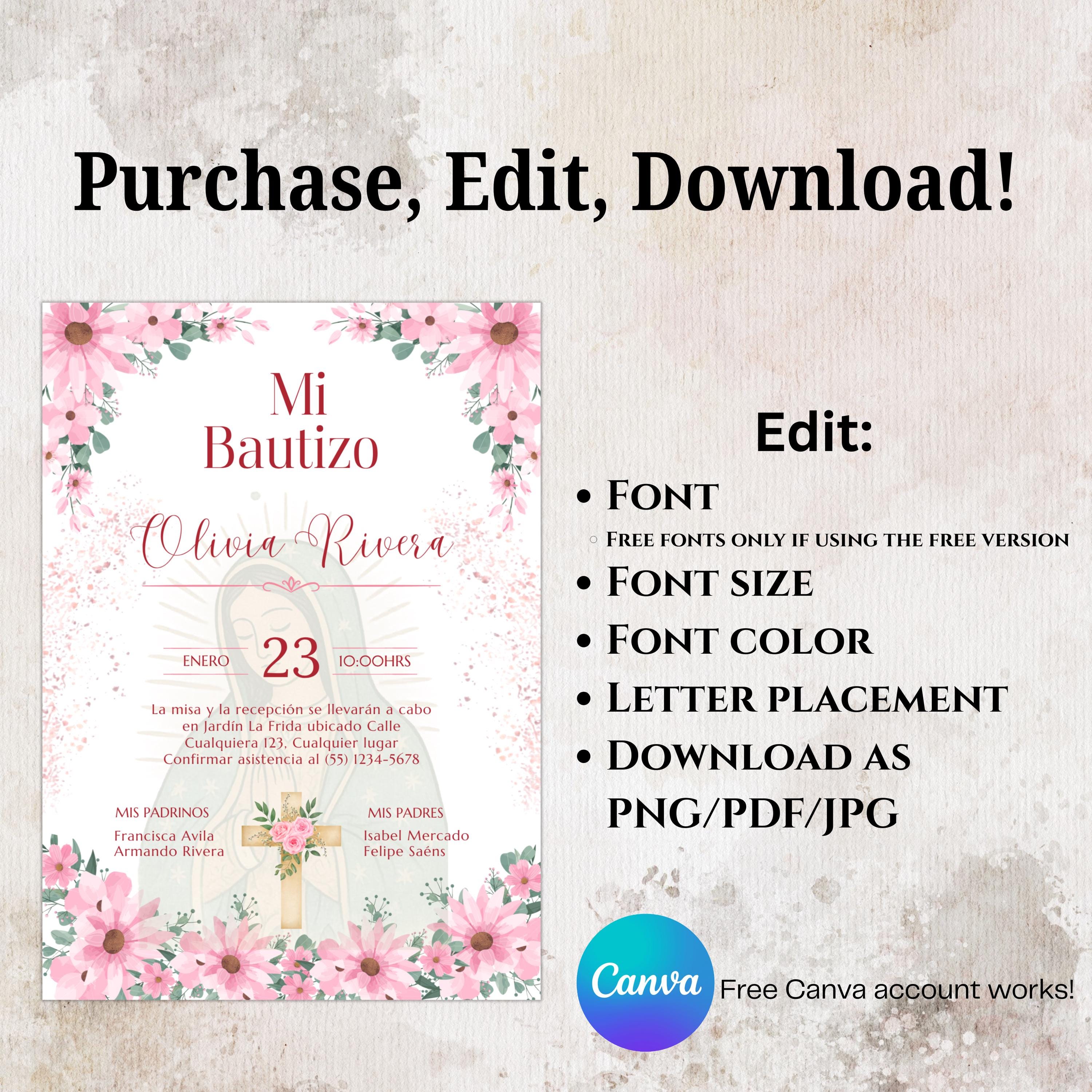 Editable Spanish Baptism Invitation Template, Mi Bautizo Pink Floral Invite, Virgen de Guadalupe