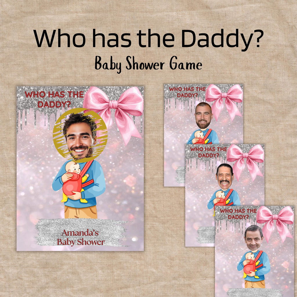 Digital Baby Shower Game, Who Has The Daddy, Coquette Pink and Silver Theme Scratch-Off Cards