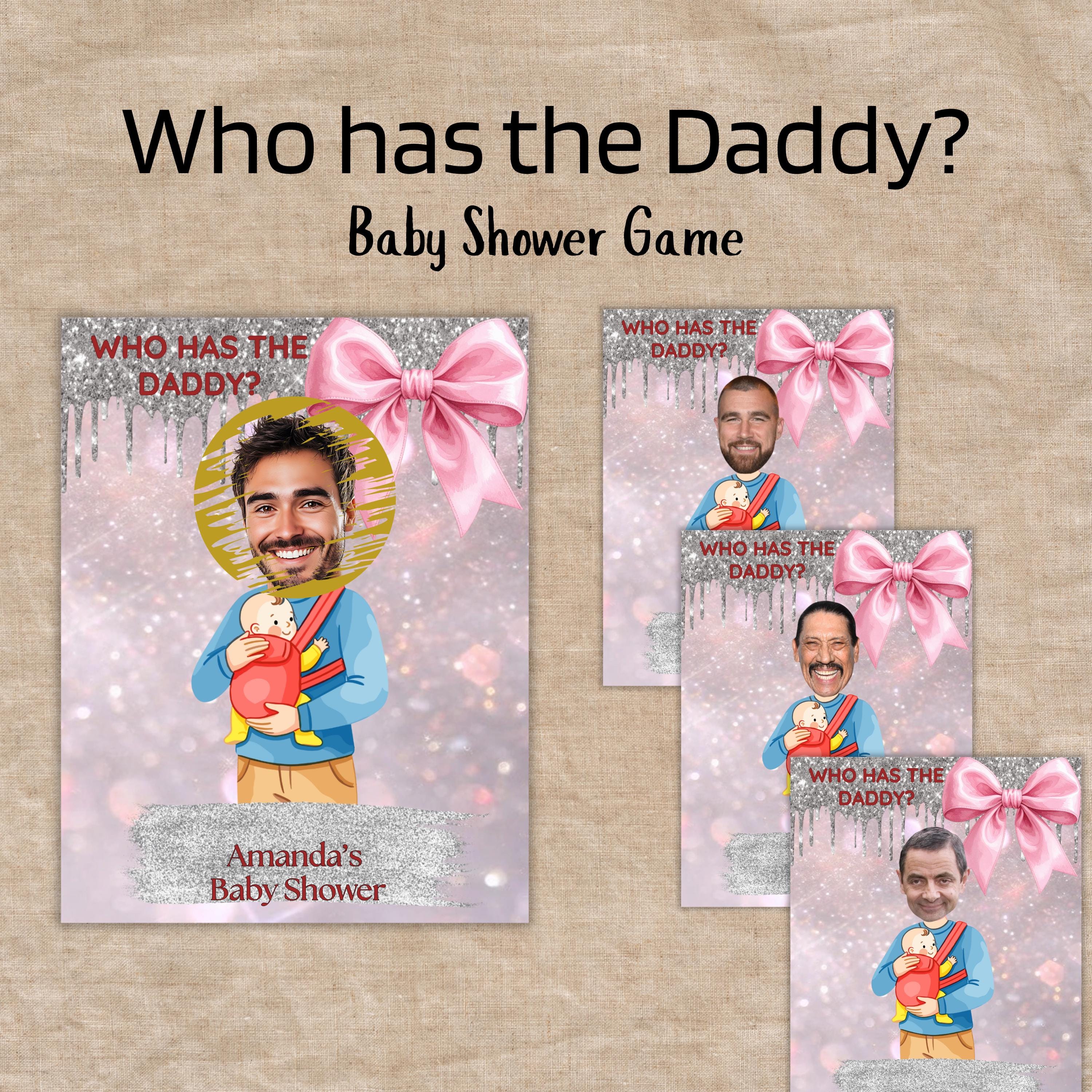 Digital Baby Shower Game, Who Has The Daddy, Coquette Pink and Silver Theme Scratch-Off Cards