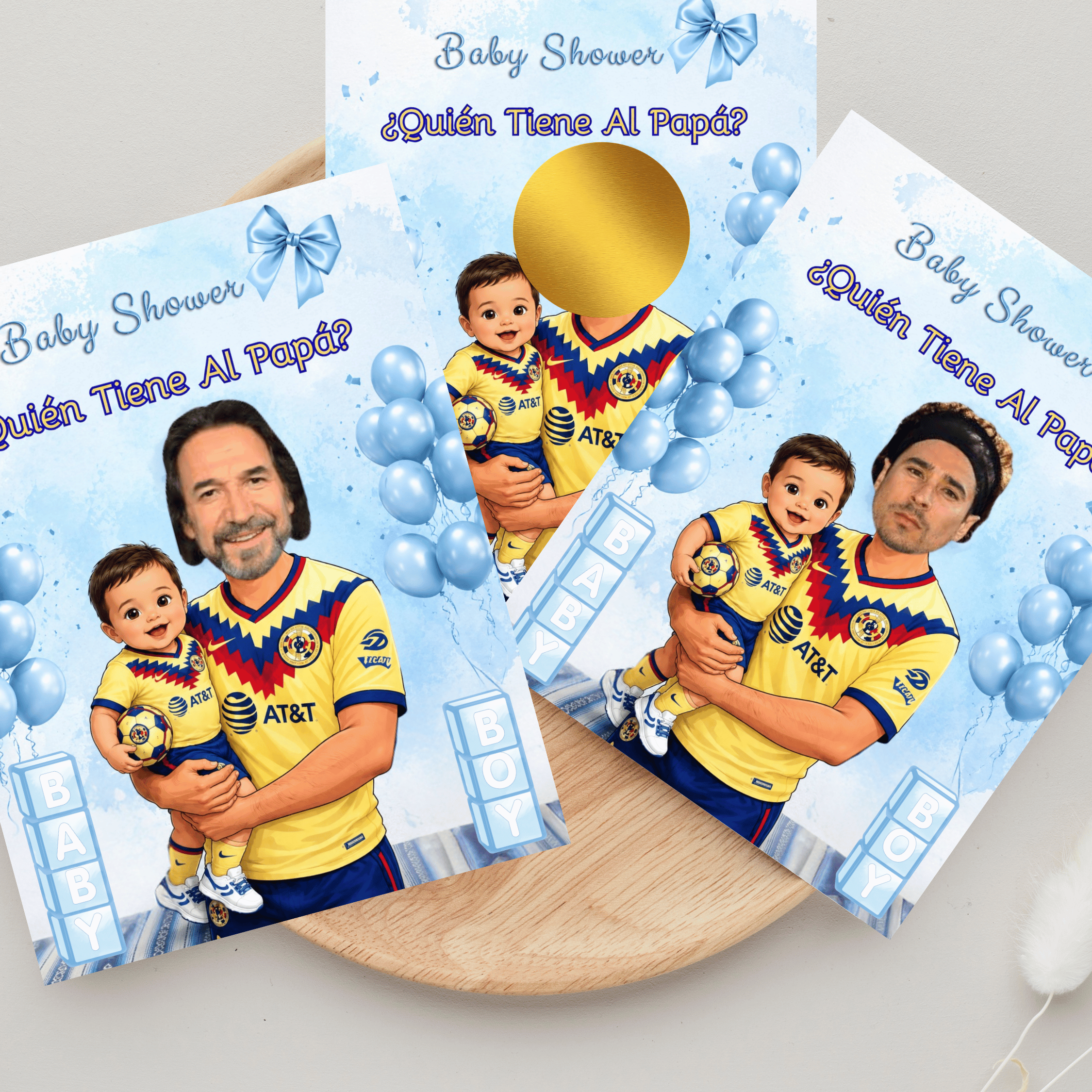 Baby Shower Game Quien Tiene Al Papa Featuring El America Soccer Jersey, Blue Cards For Boy Baby Shower, Who Has The Dad Spanish Scratch off Game