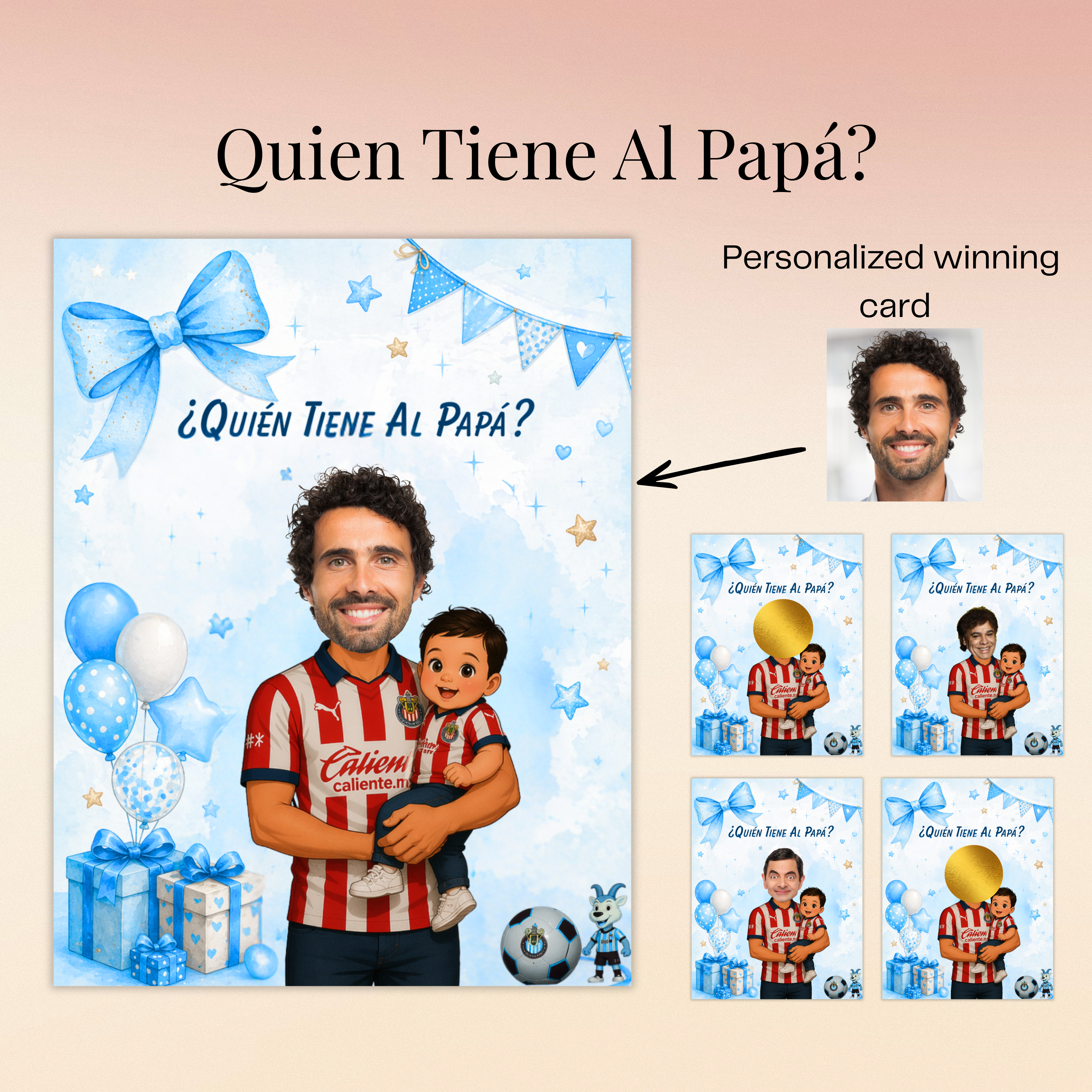 Quien Tiene Al Papa, Baby Shower Game For Boy Featuring Las Chivas Soccer Jersey, Who Has The Dad Blue Scratch Off Cards For Soccer Fanatics
