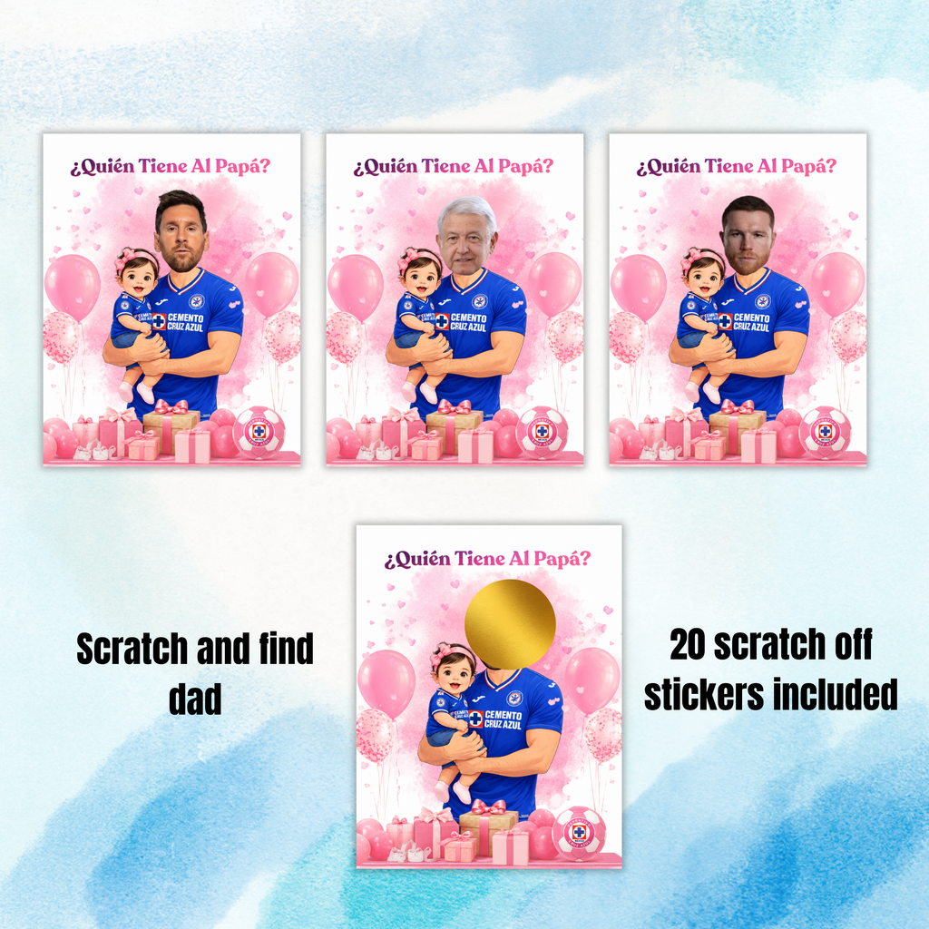 Baby Shower Quien Tiene Al Papá Featuring El Cruz Azul Soccer Jersey, Spanish Who Has The Dad Scratch off Game