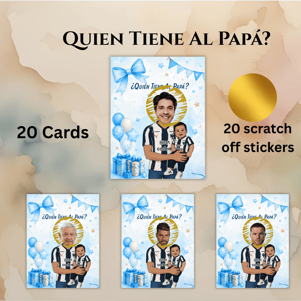 Baby Shower Quien Tiene Al Papá Game, Los Rayados Baby Boy Personalized Cards For Shower Game