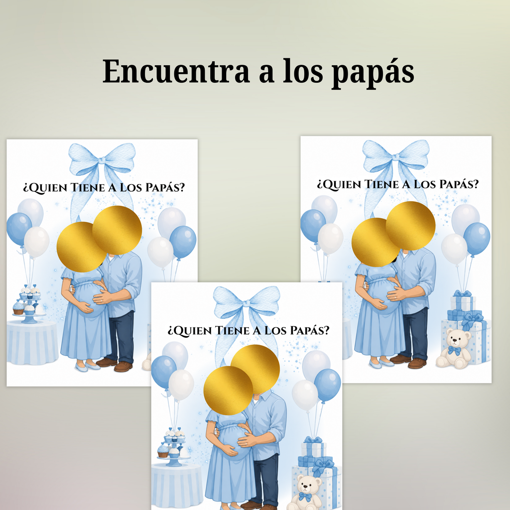 Quien Tiene A Los Papás? Spanish Baby Shower Game, Blue Scratch Cards For Baby Boy Game, Find The Parents Game