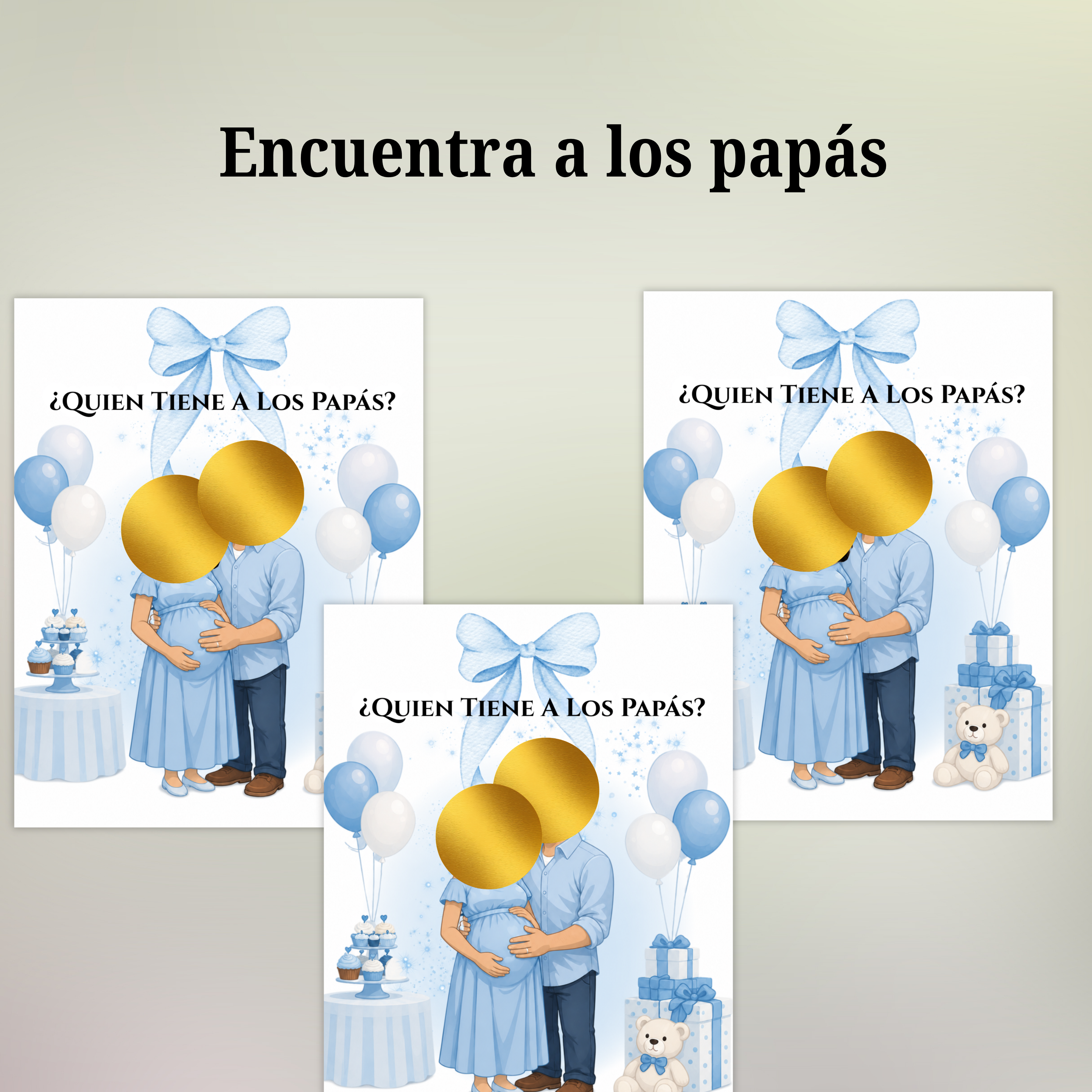 Quien Tiene A Los Papás? Spanish Baby Shower Game, Blue Scratch Cards For Baby Boy Game, Find The Parents Game