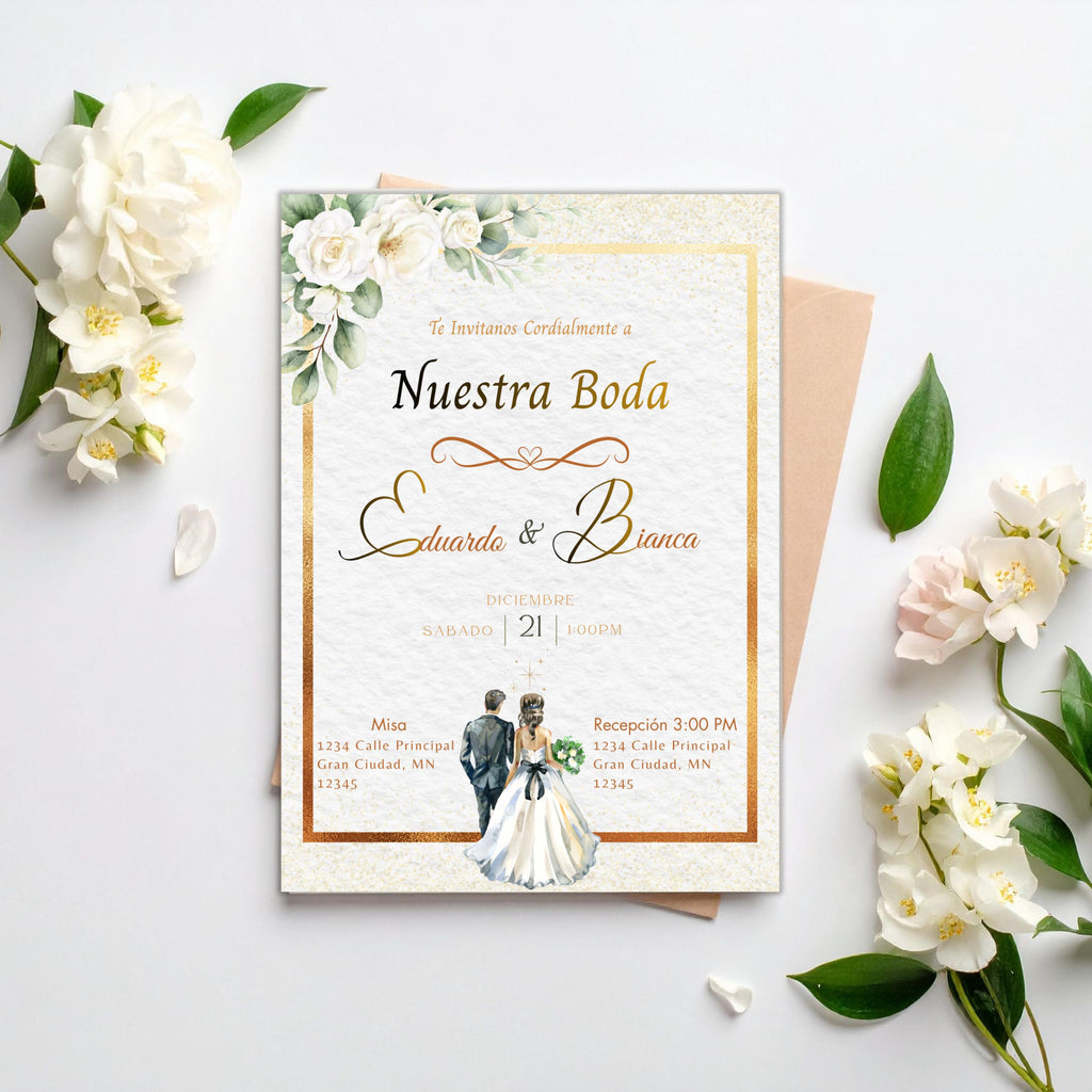 Spanish/English Elegant Wedding Invitation, Gold Floral Boho design, Bilingual Editable Digital Invite