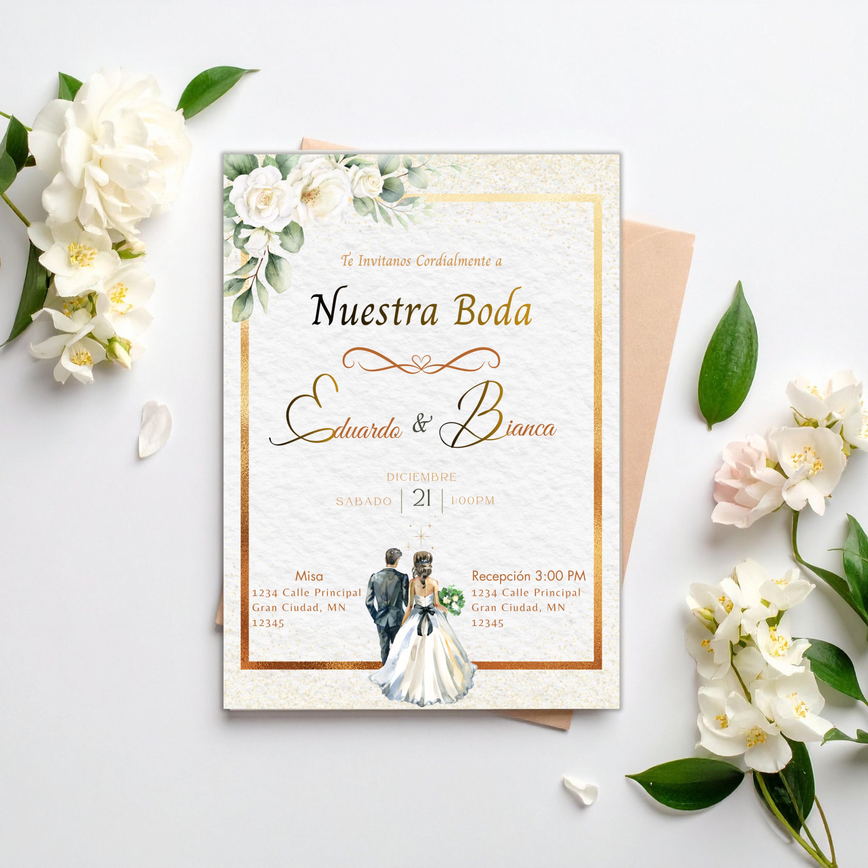 Spanish/English Elegant Wedding Invitation, Gold Floral Boho design, Bilingual Editable Digital Invite