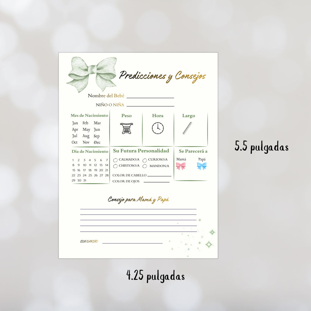 Spanish Baby Shower Prediction and Advice Card Printable, Gender Neutral Green Baby Activity Game