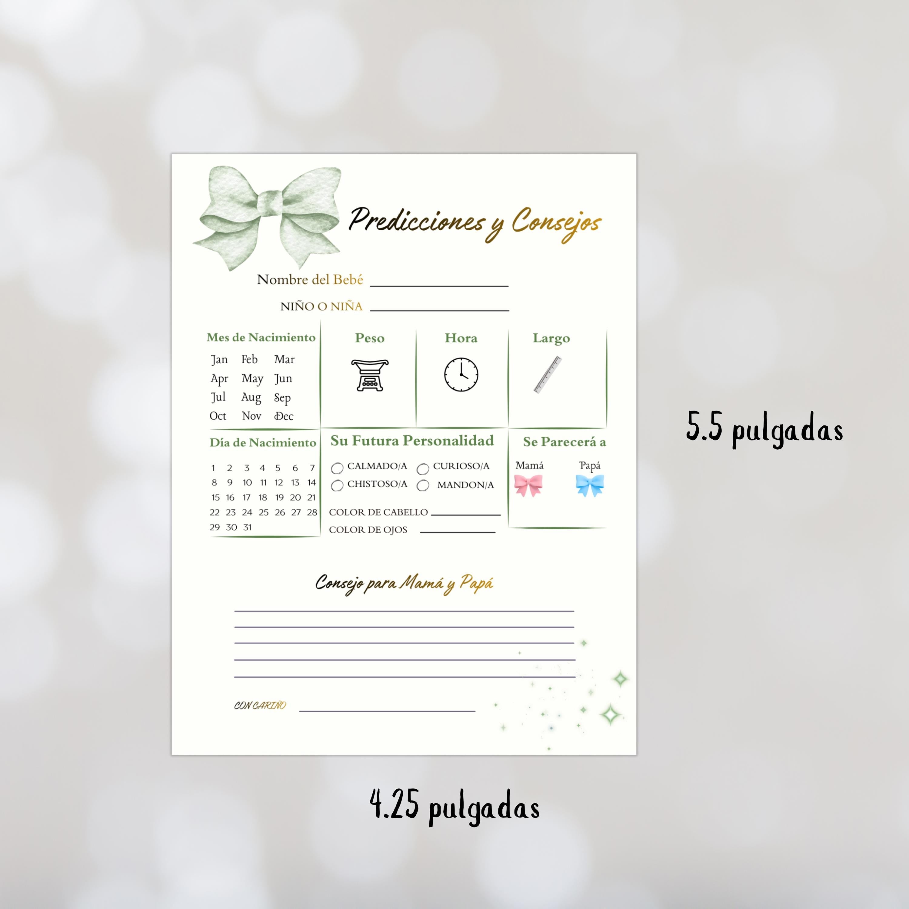 Spanish Baby Shower Prediction and Advice Card Printable, Gender Neutral Green Baby Activity Game