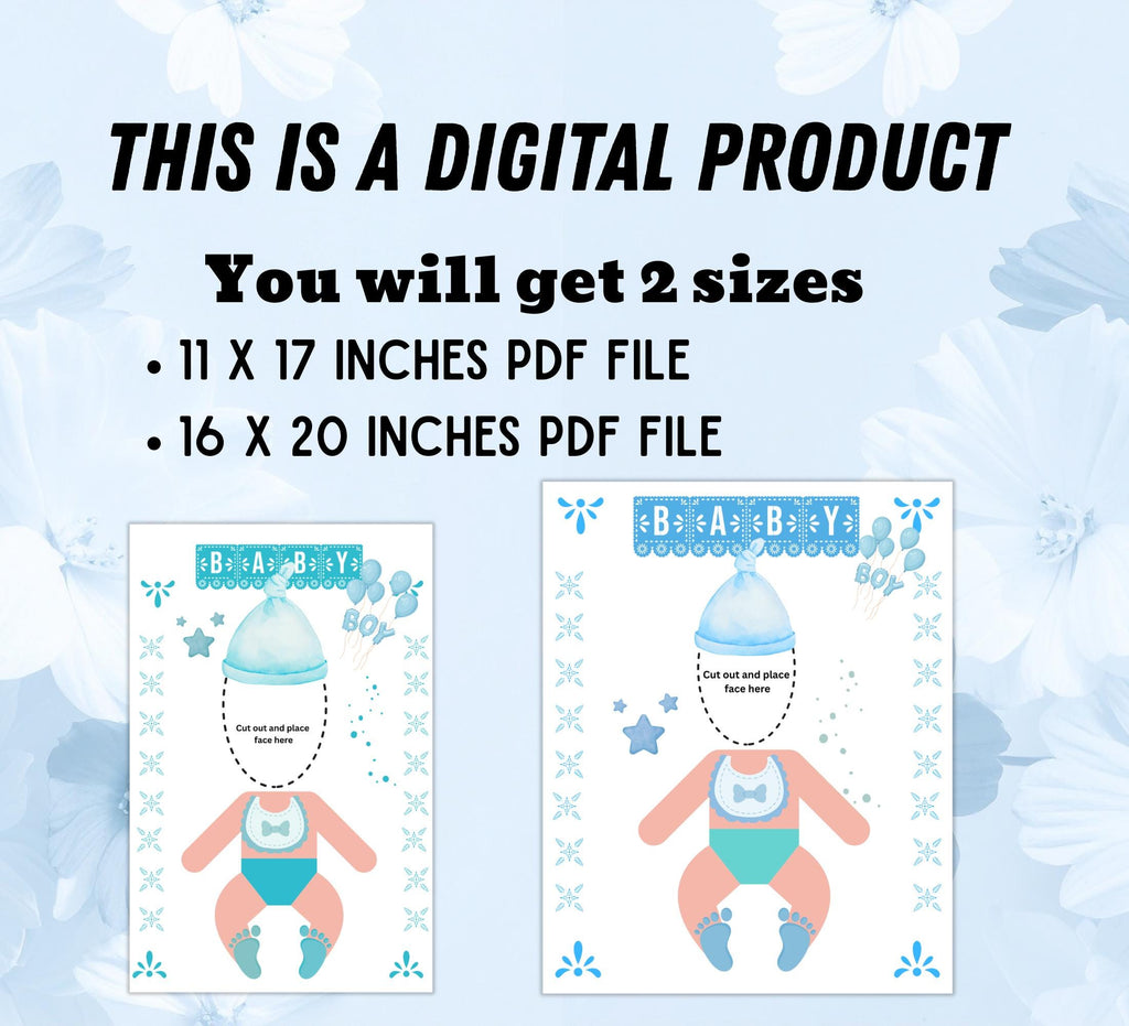 Funny Baby Shower Game: Feed the Baby Poster, Blue Theme (Digital Download) Face Cut Out