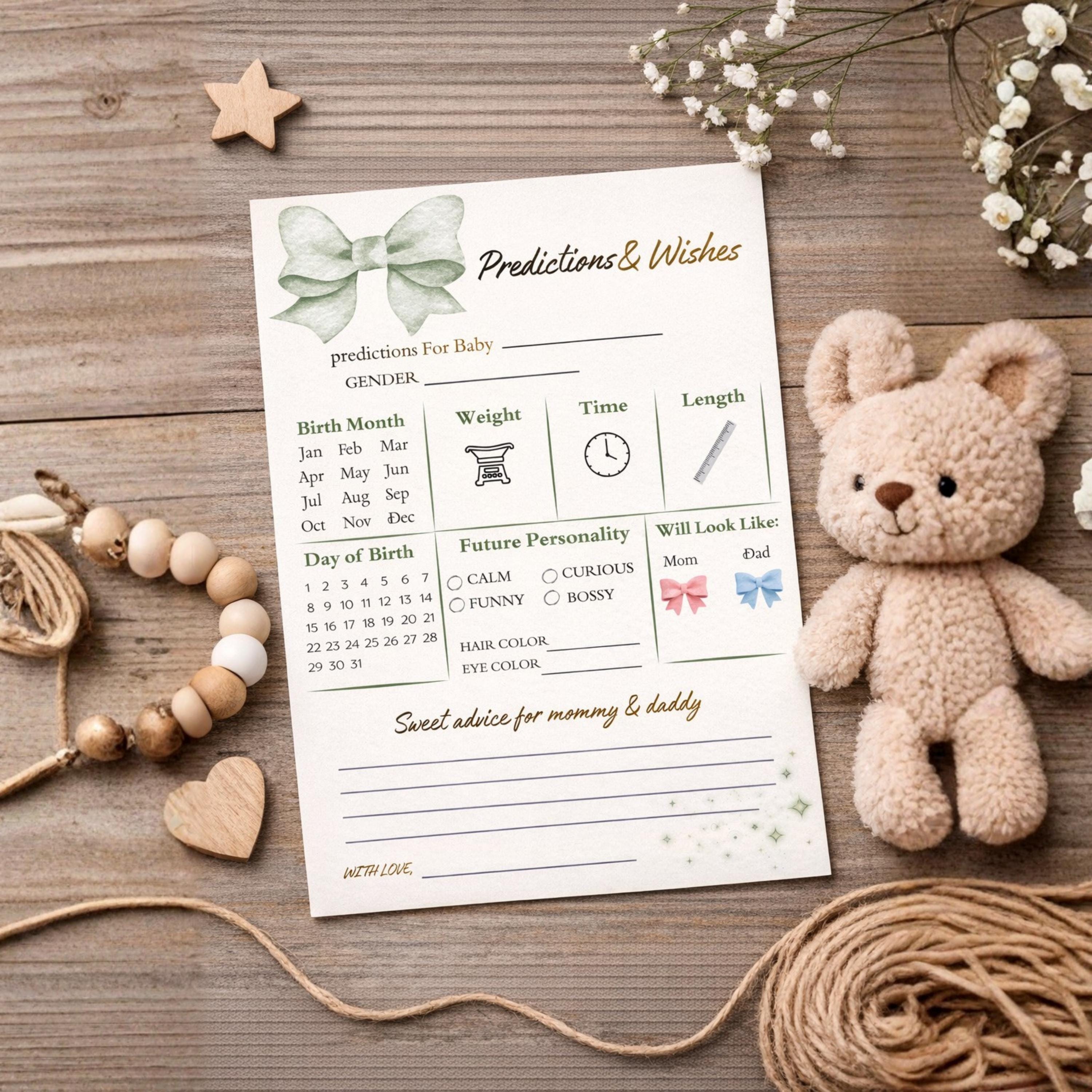 Baby Shower Prediction And Wishes Card, Botanical Gender Neutral, Green Printable Cards, Digital Download