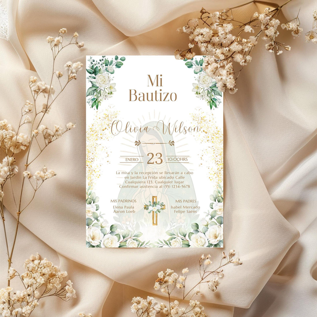 Invitacio de Bautizo Para Nina o Nino, Virgen de Guadalupe Boho Floral Invite Design