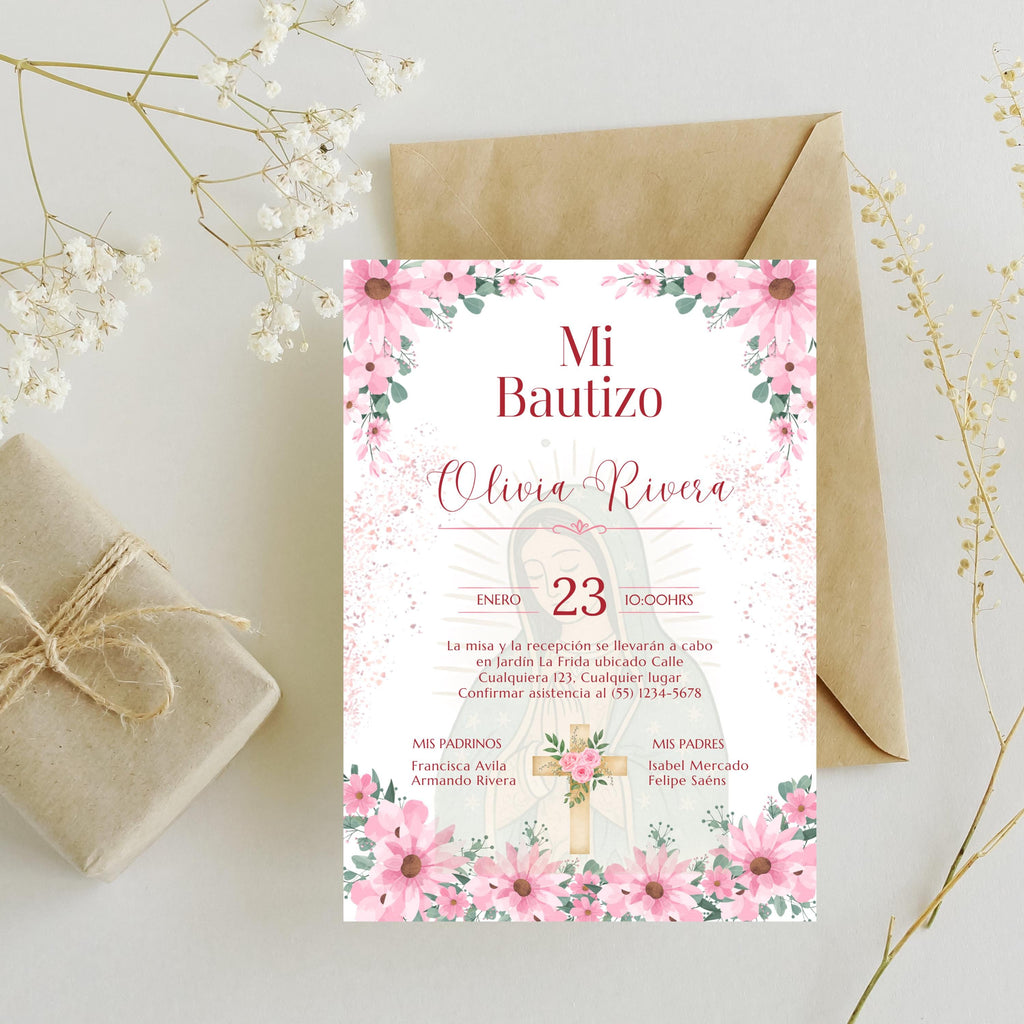 Editable Spanish Baptism Invitation Template, Mi Bautizo Pink Floral Invite, Virgen de Guadalupe