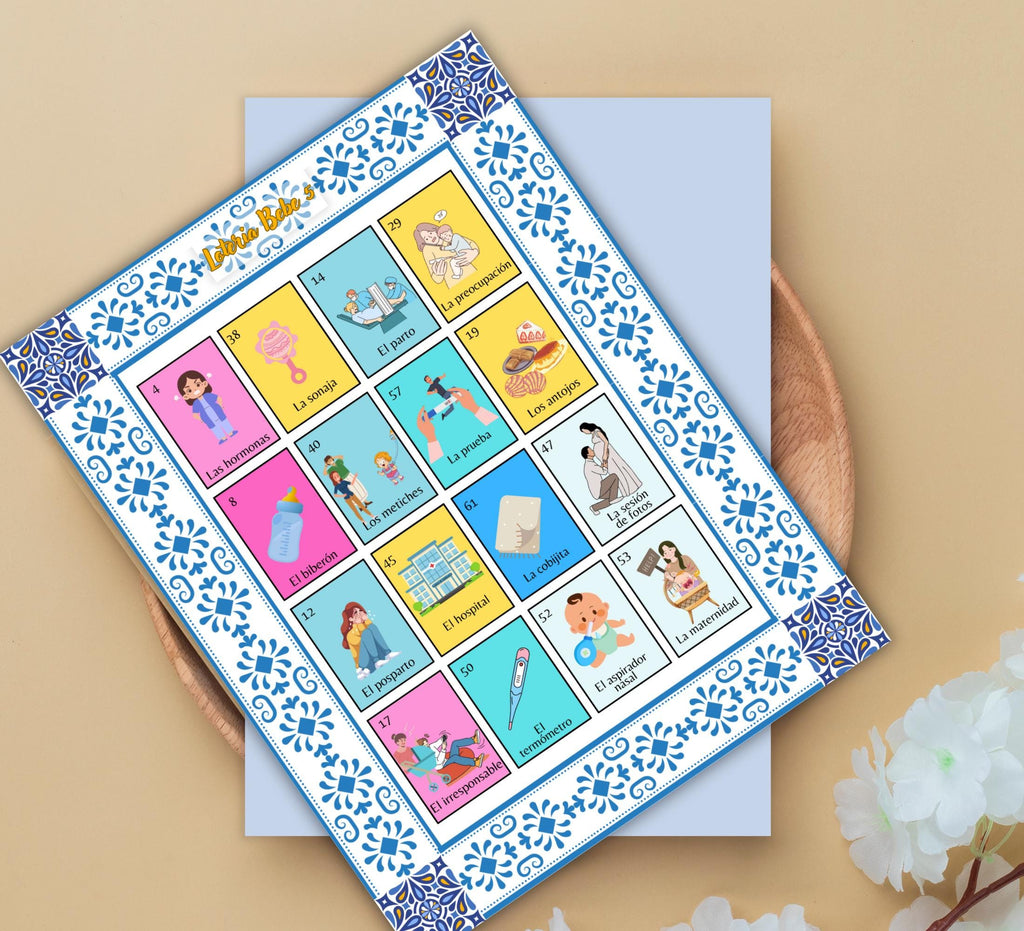 Talavera Baby Shower Loteria Game: Mexican Theme, Blue Design (PDF Downloadable Cards and Boards)