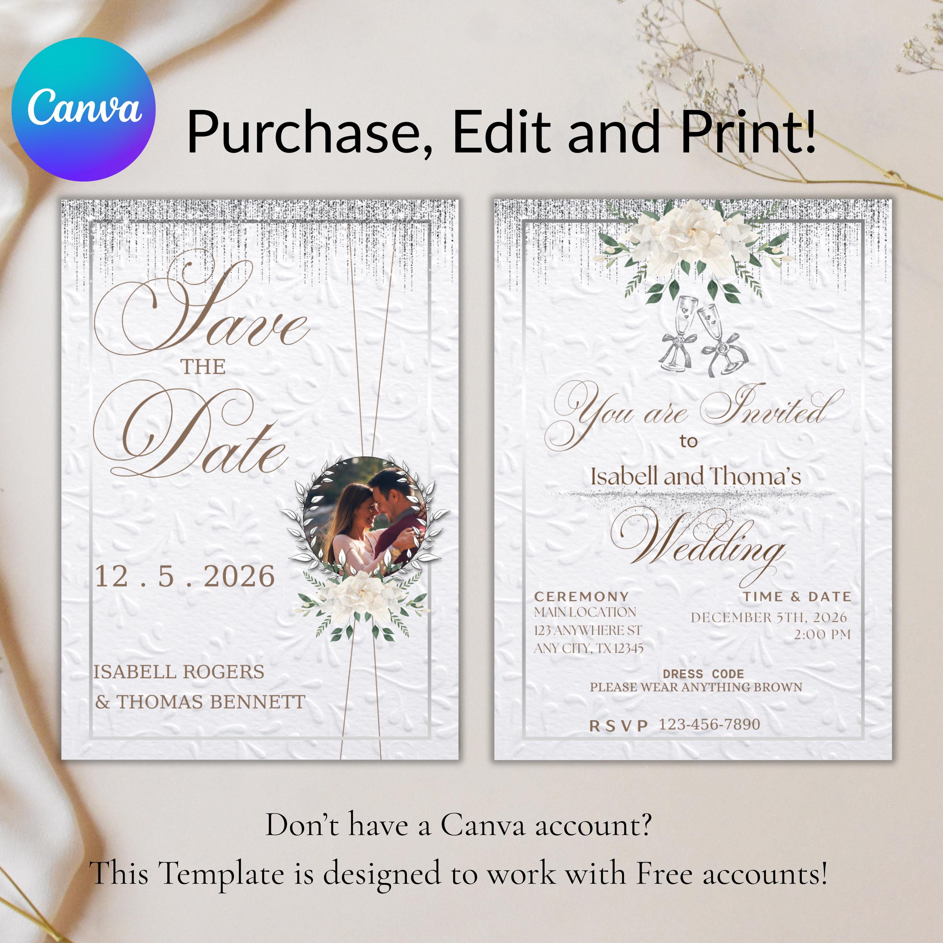 Wedding Invitation and Save the Date Set, White and Silver Elegant Invite, Digital Canva Template