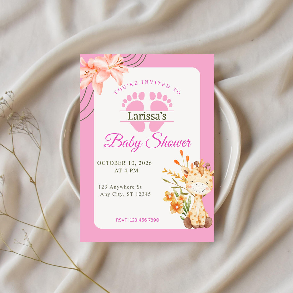 Editable Baby Shower Invitation Girl, Personalized Pink Party Invite, Canva Template, Instant Download