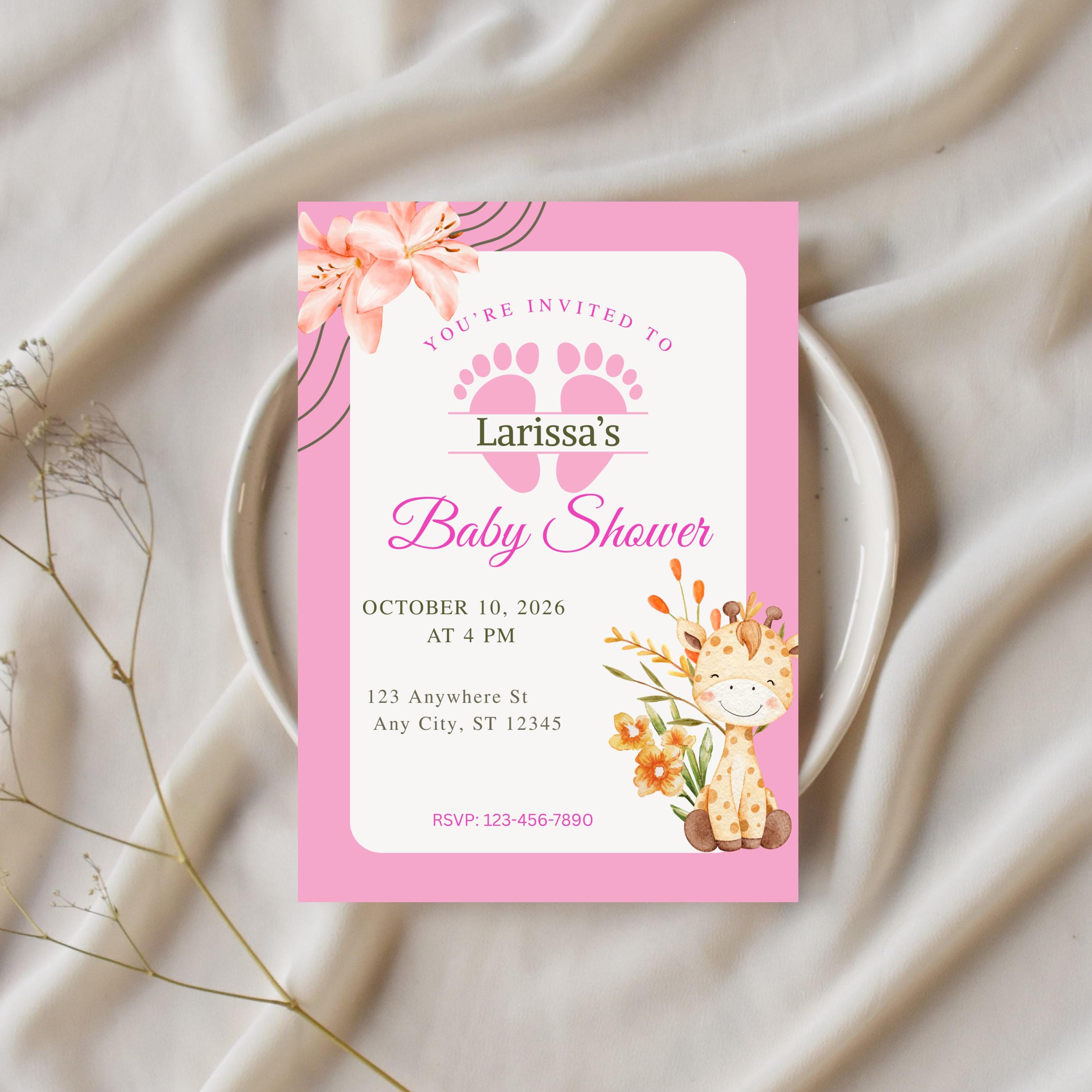 Editable Baby Shower Invitation Girl, Personalized Pink Party Invite, Canva Template, Instant Download