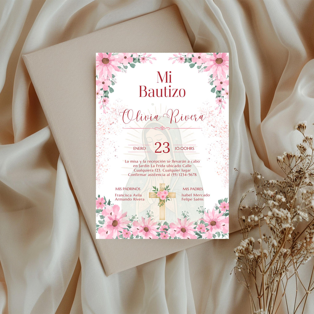 Editable Spanish Baptism Invitation Template, Mi Bautizo Pink Floral Invite, Virgen de Guadalupe