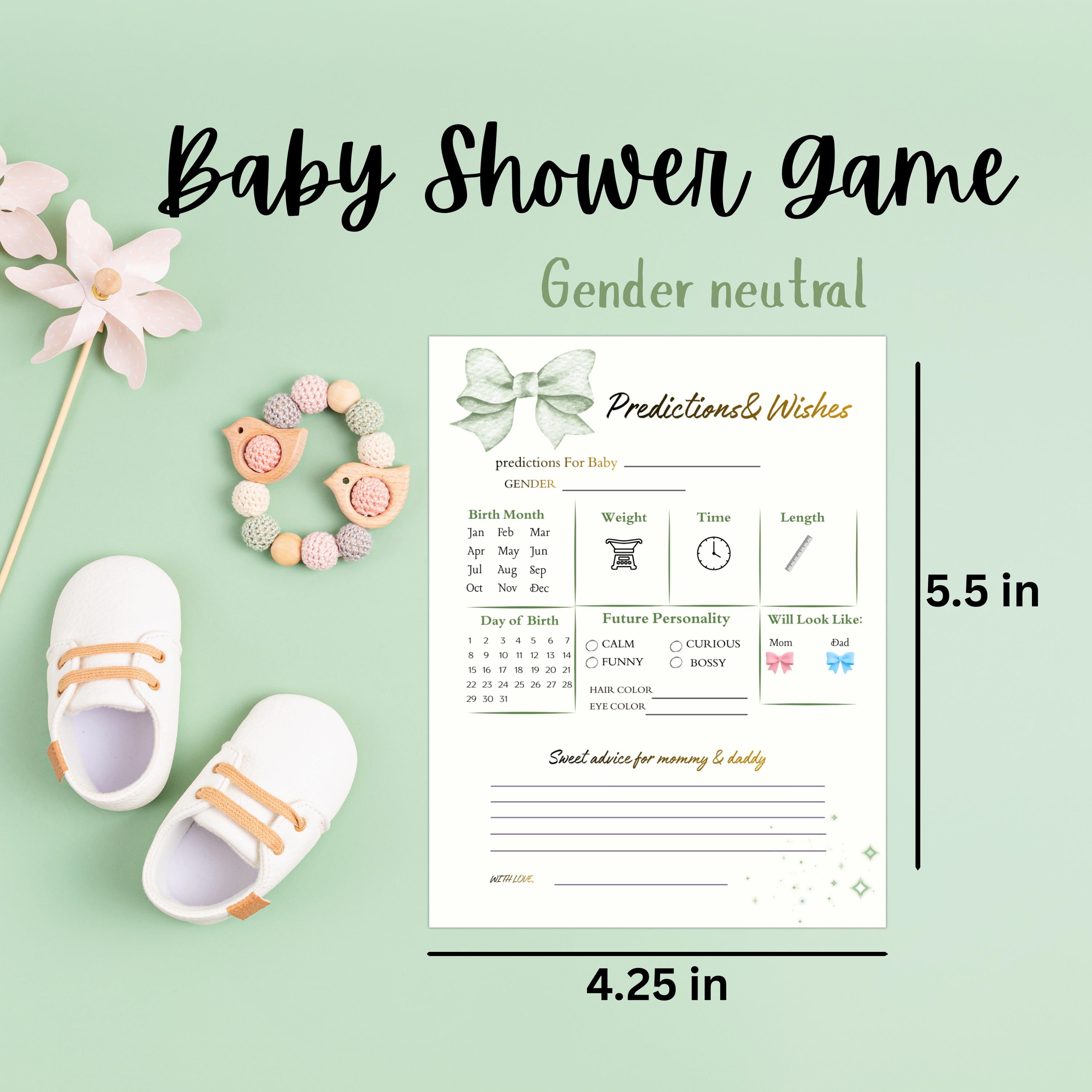 Baby Shower Predictions and Wishes Card Set,  Gender Neutral Green Advice Cards For Parents
