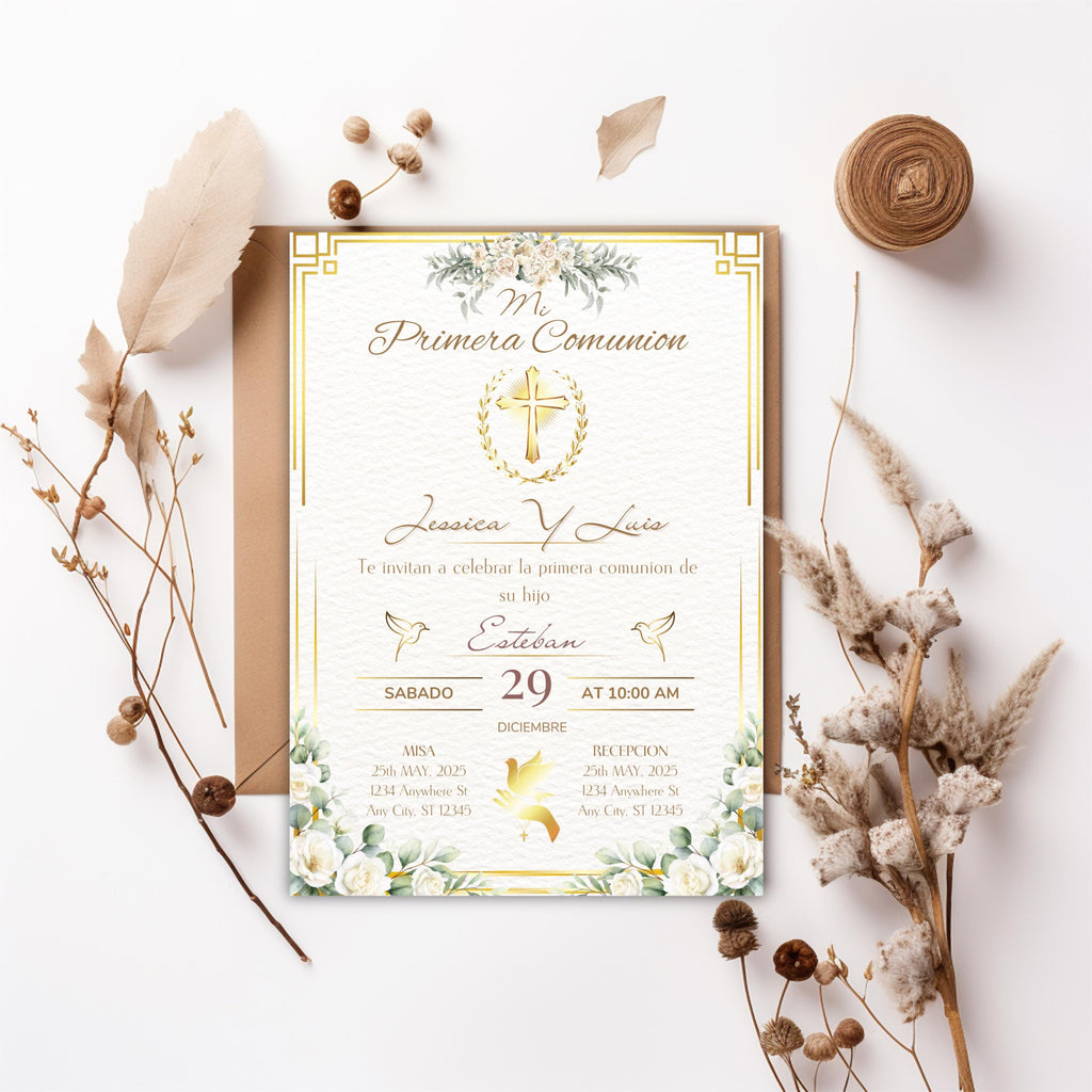Invitación de Primera Comunión, Elegant First Communion Invitation, Invitacion Elegante Religiosa, Digital Download
