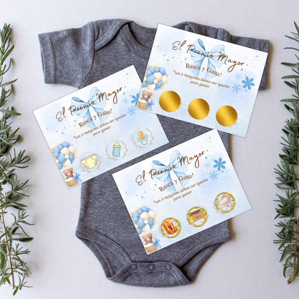 Spanish Baby Shower Jackpot, El Premio Mayor Scratch-Off Cards, Blue Baby Boy Party Game