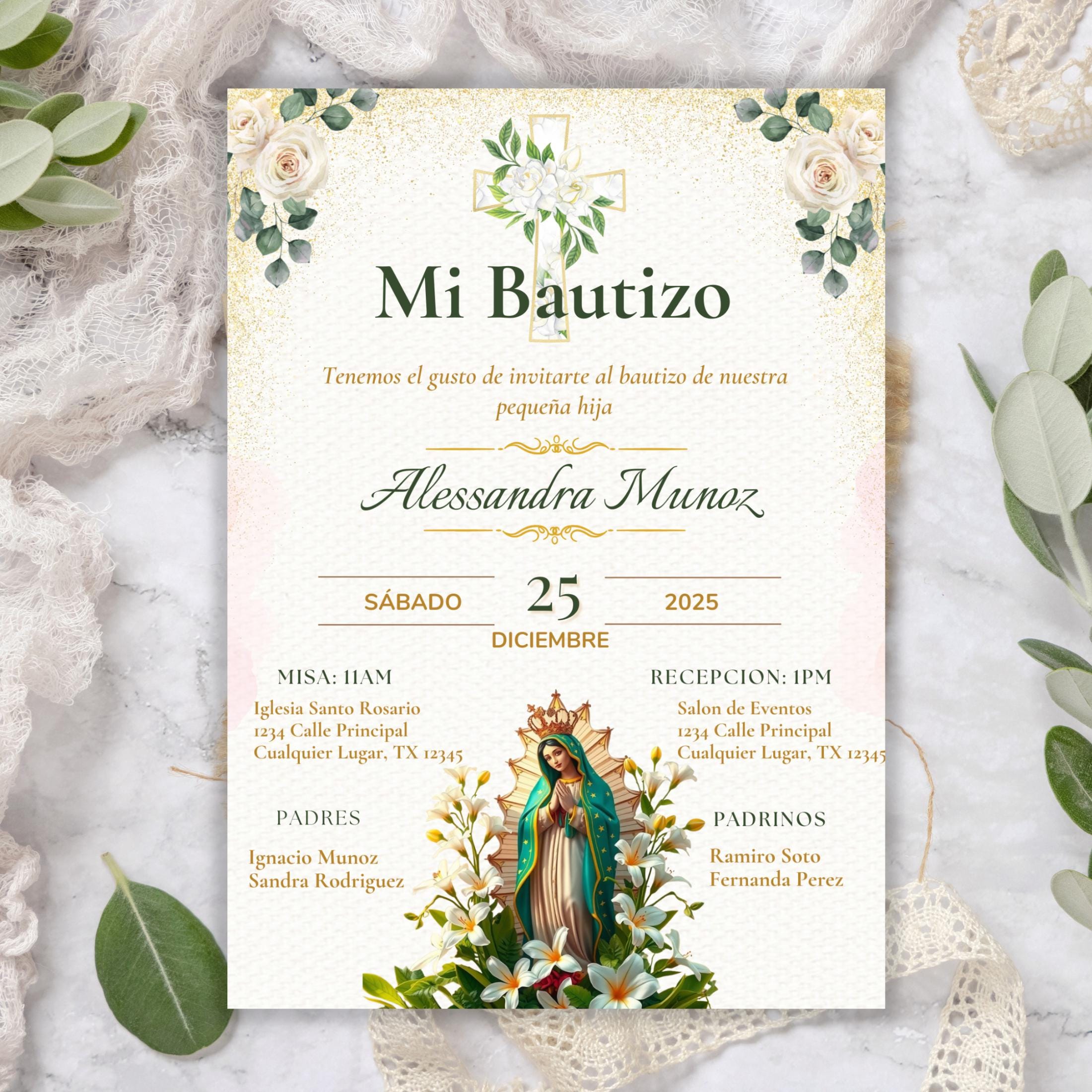 Virgen de Guadalupe Baptism Invitation: Spanish/English Boho Floral Religious Invite (Digital Download)